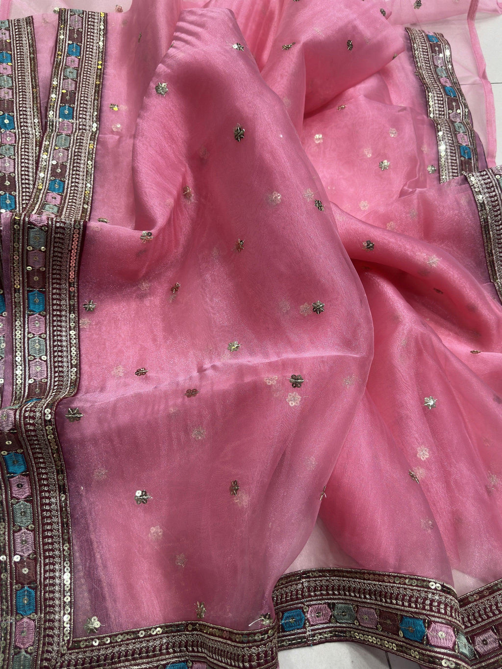 Attractive Pink Embroidery Organza Party Wear Saree With Blouse