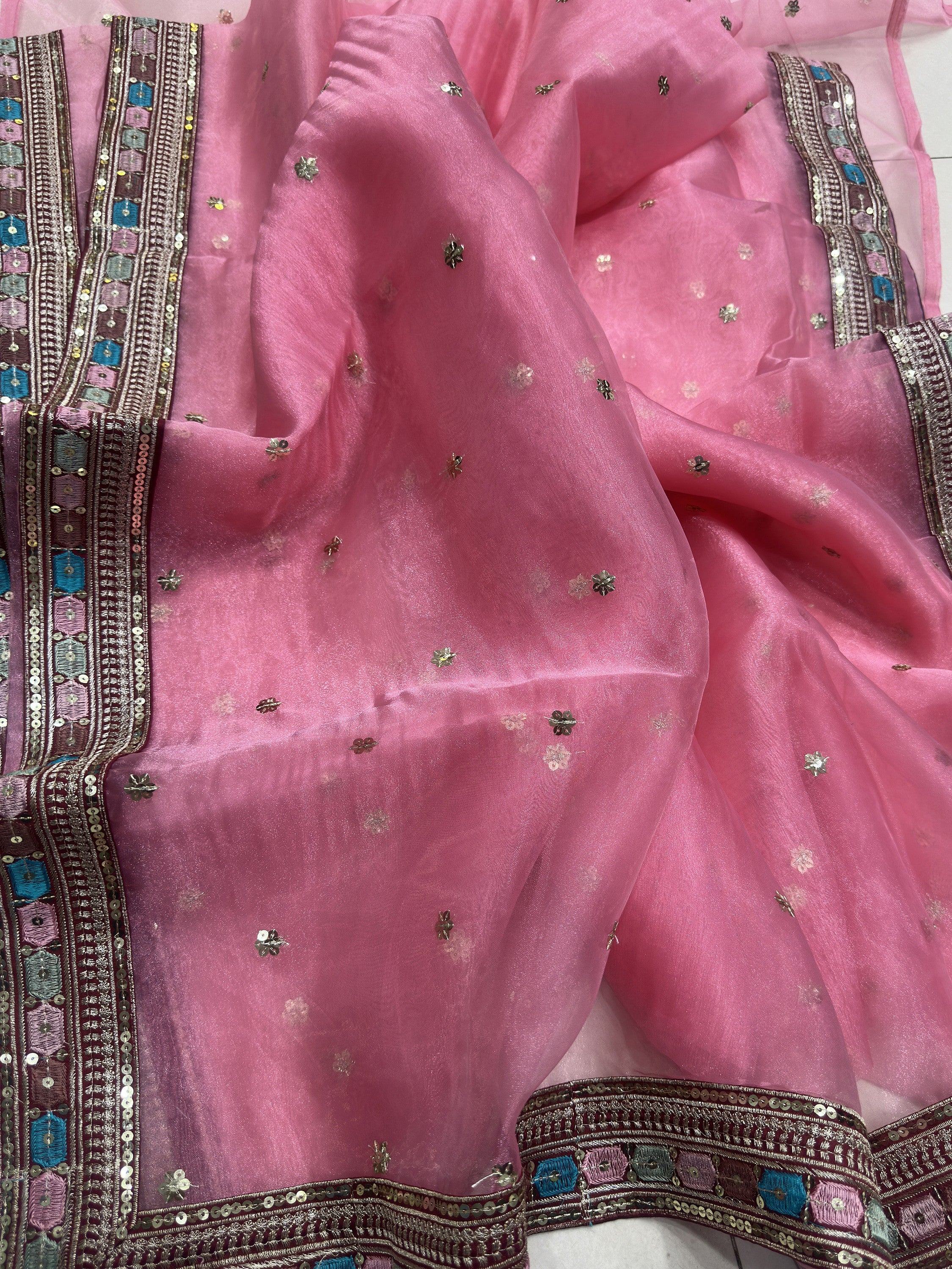 Attractive Pink Embroidery Organza Party Wear Saree With Blouse