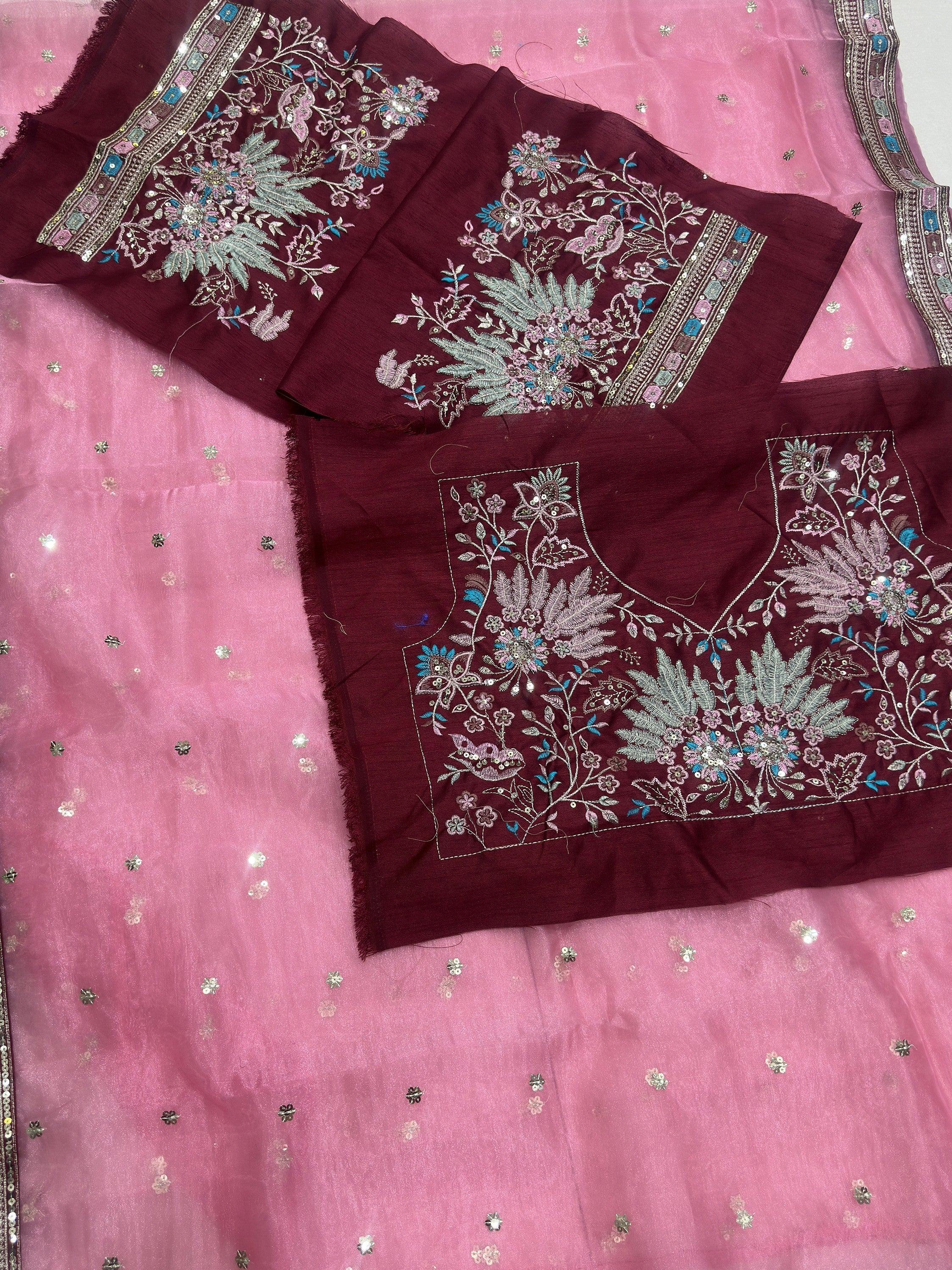 Attractive Pink Embroidery Organza Party Wear Saree With Blouse