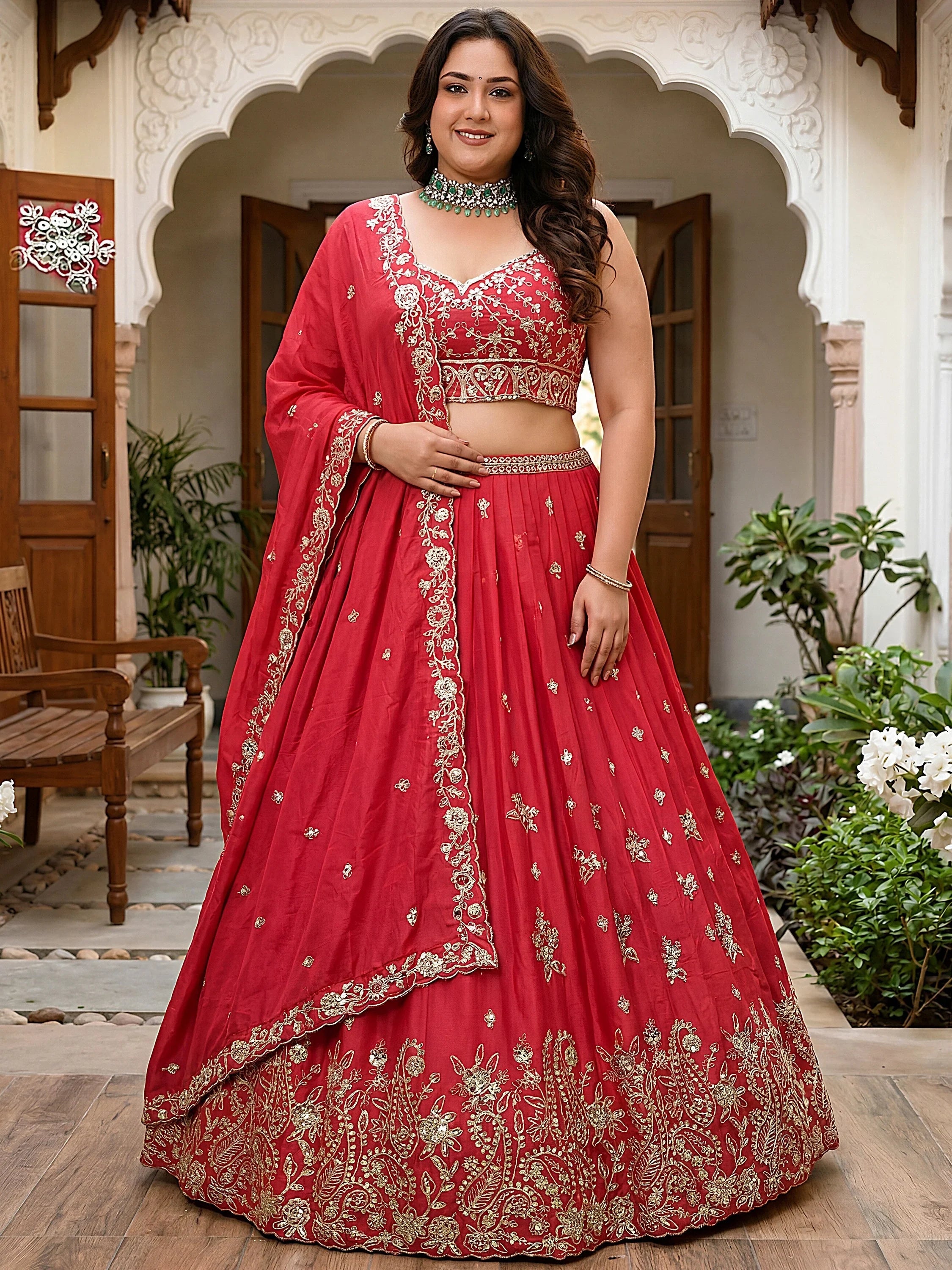 Adorable Red Embroidered Chinon Engagement Wear Plus Size Lehenga Choli