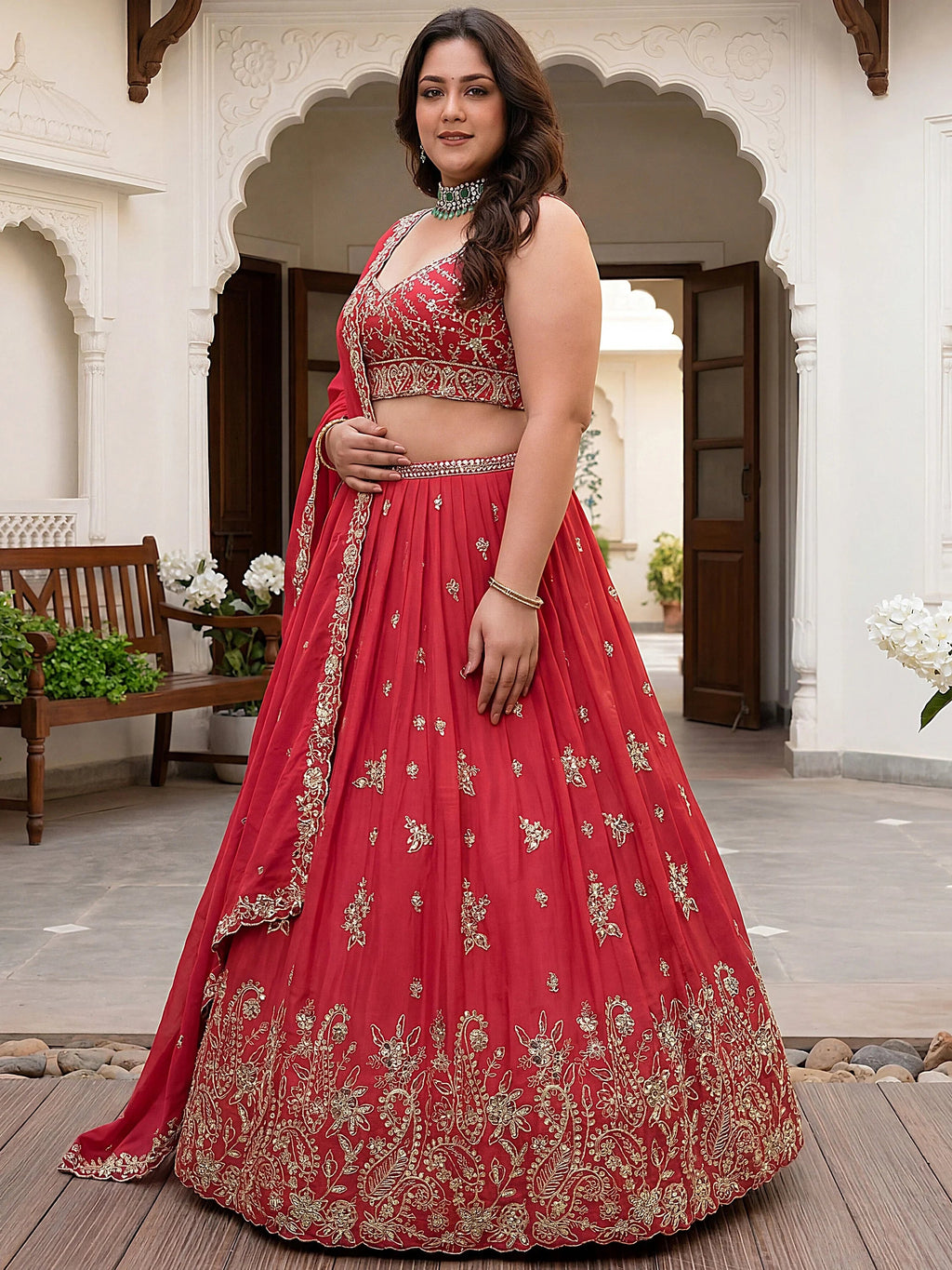 Adorable Red Embroidered Chinon Engagement Wear Plus Size Lehenga Choli