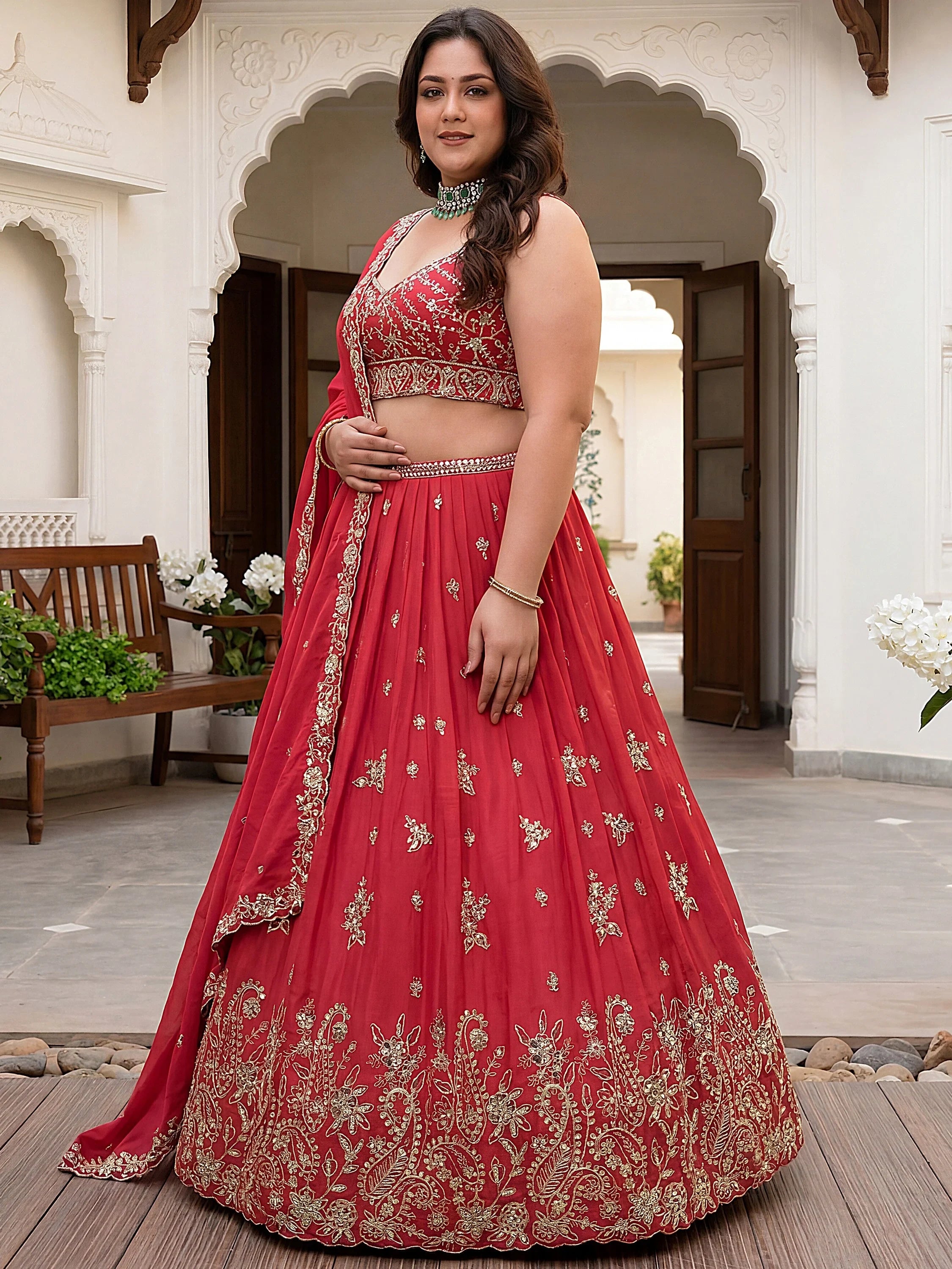 Adorable Red Embroidered Chinon Engagement Wear Plus Size Lehenga Choli