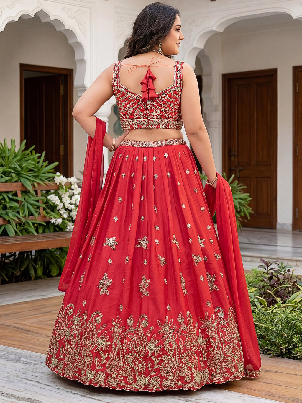 Adorable Red Embroidered Chinon Engagement Wear Plus Size Lehenga Choli