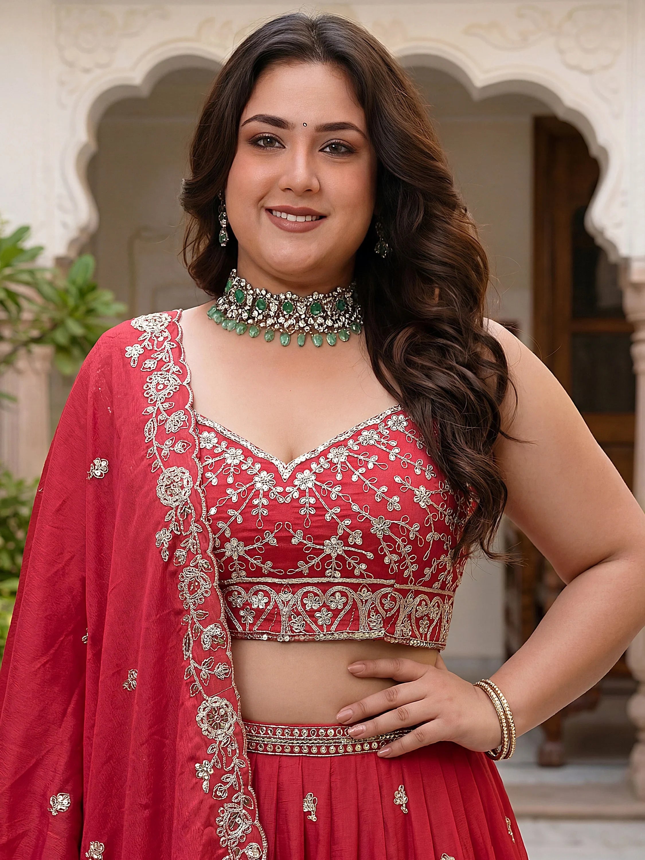 Adorable Red Embroidered Chinon Engagement Wear Plus Size Lehenga Choli