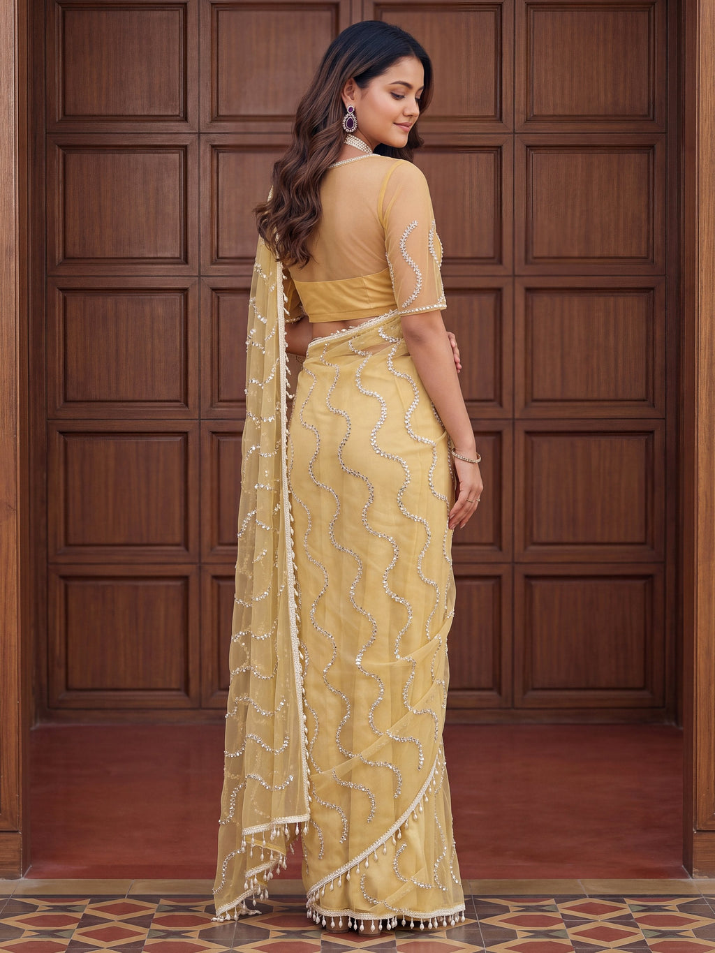 Yellow Net Saree with Magnetic Sequins for Engagement, Evening & Party