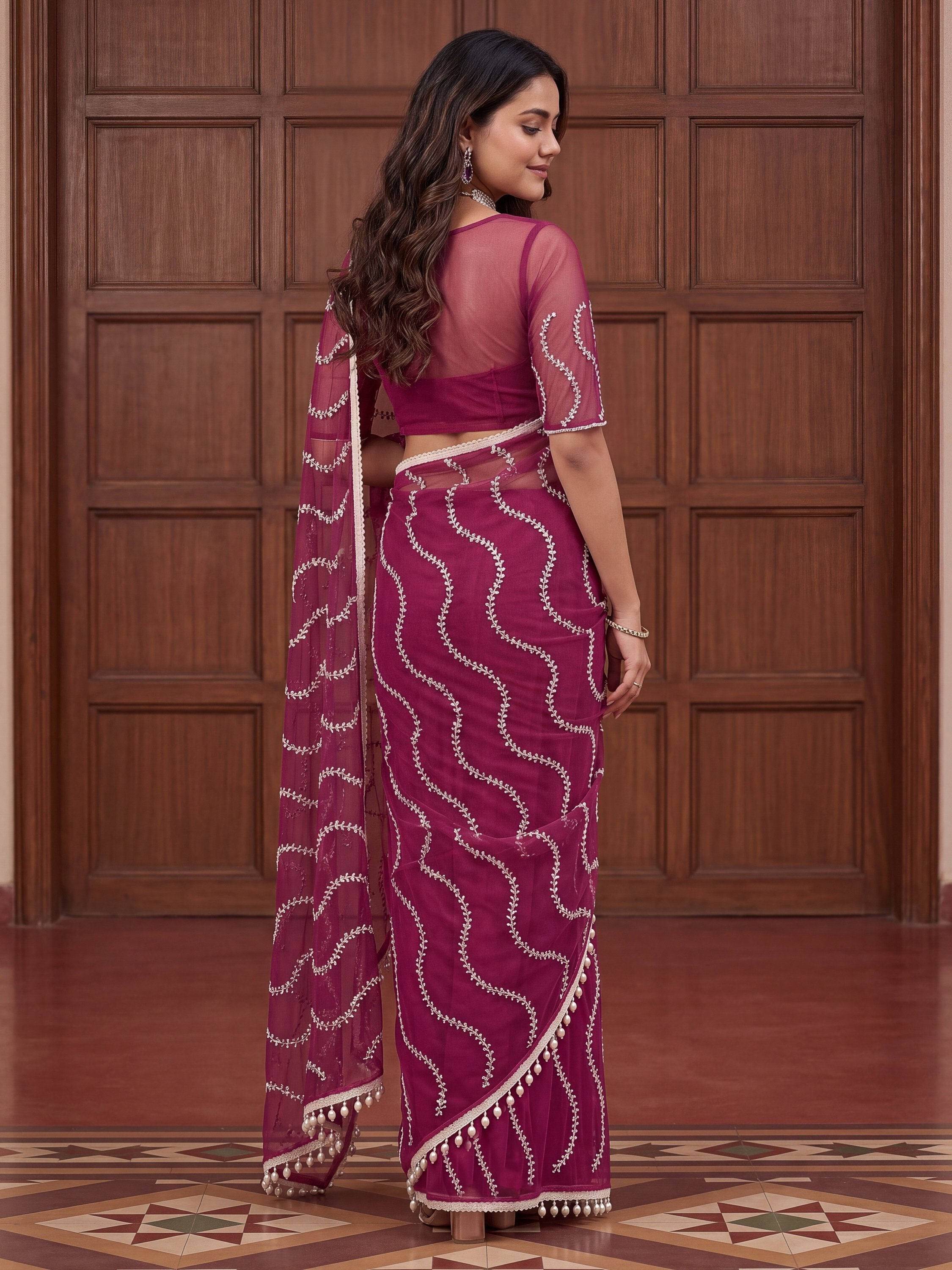Pink Net Saree with Magnetic Sequins for Engagement, Evening & Party