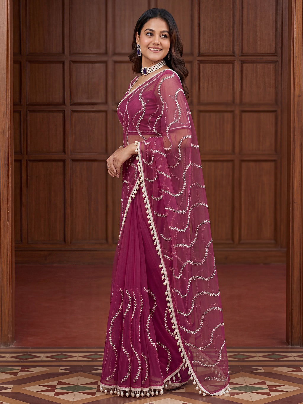 Pink Net Saree with Magnetic Sequins for Engagement, Evening & Party