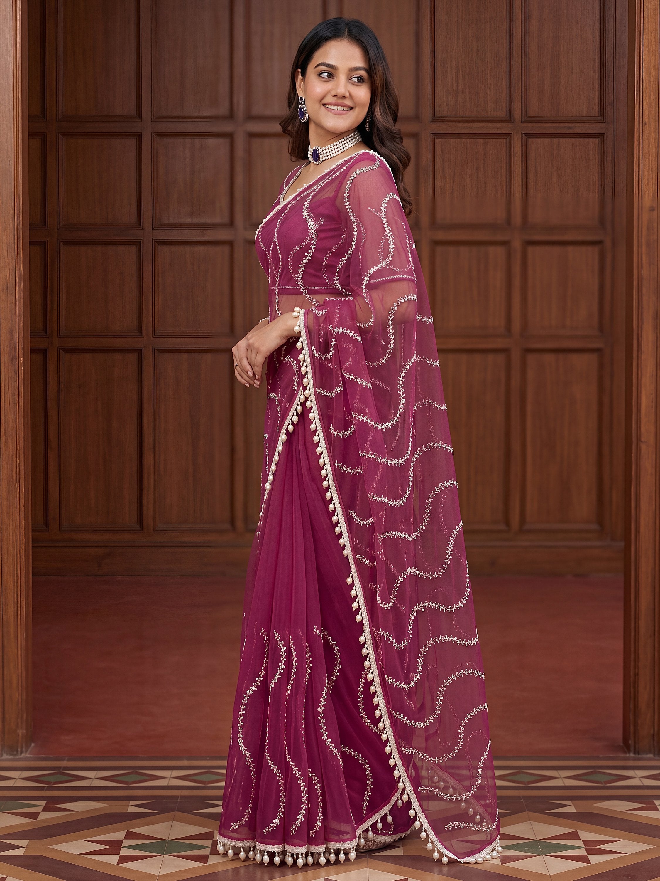 Pink Net Saree with Magnetic Sequins for Engagement, Evening & Party