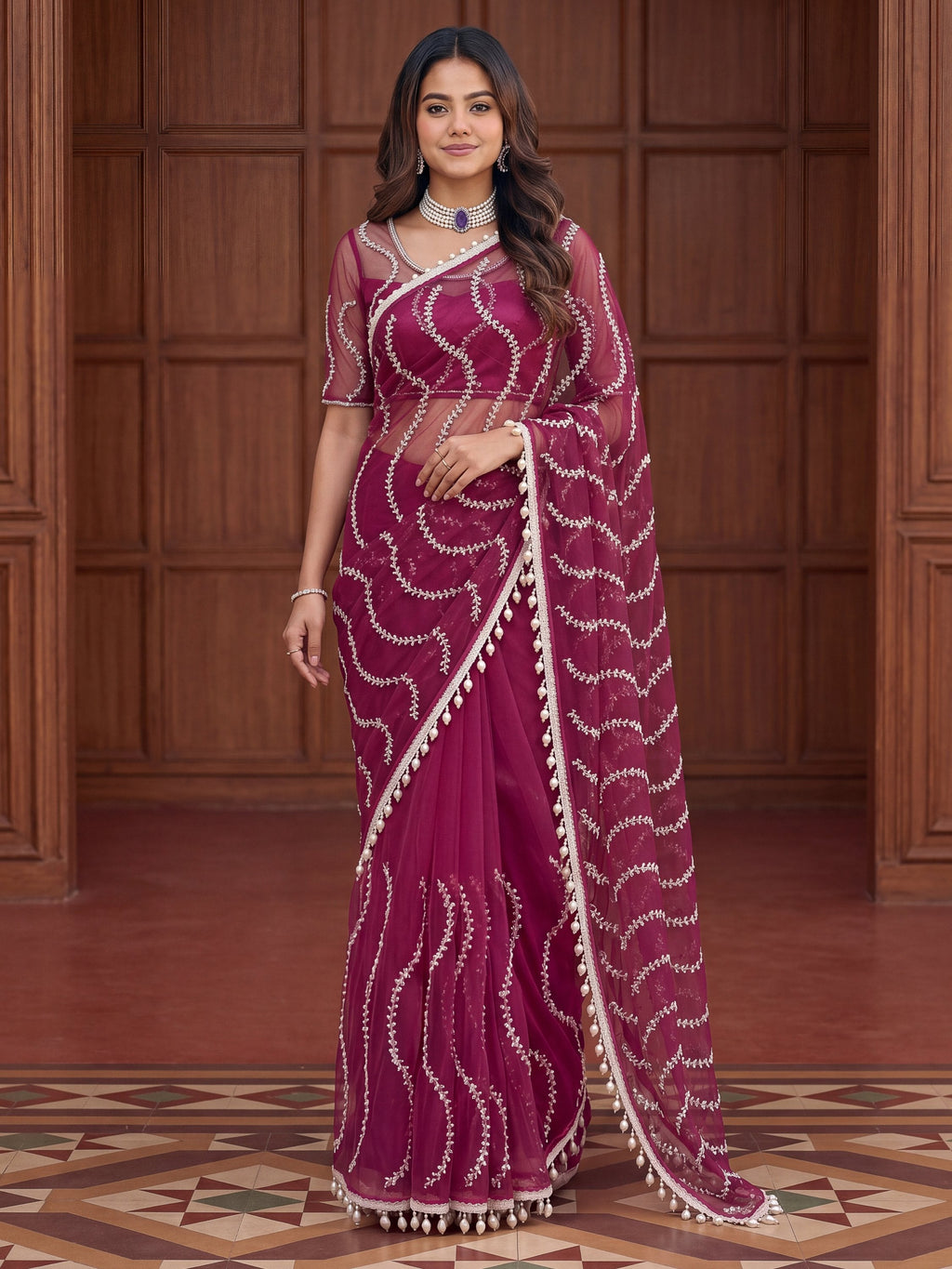 Pink Net Saree with Magnetic Sequins for Engagement, Evening & Party