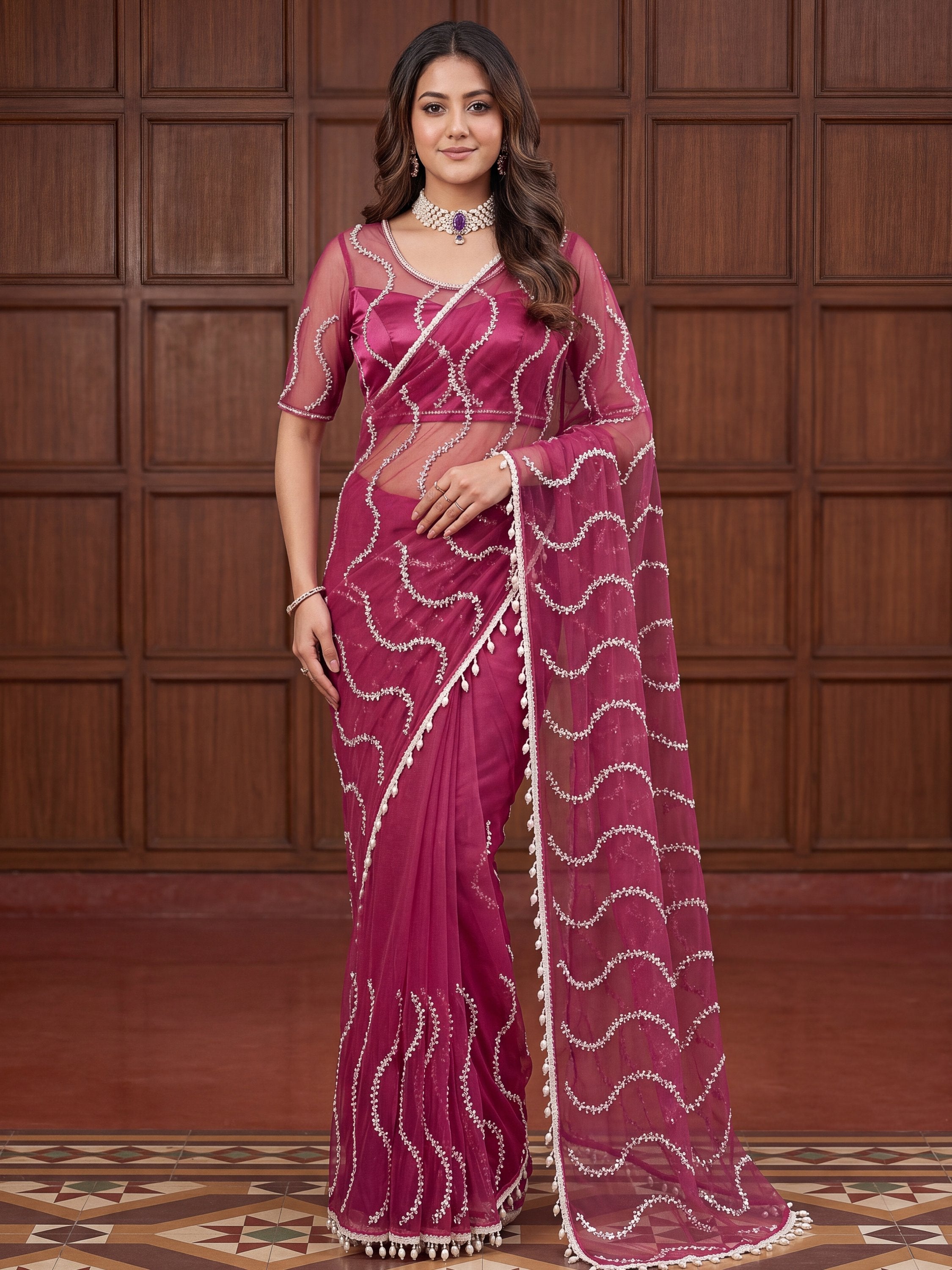 Pink Net Saree with Magnetic Sequins for Engagement, Evening & Party