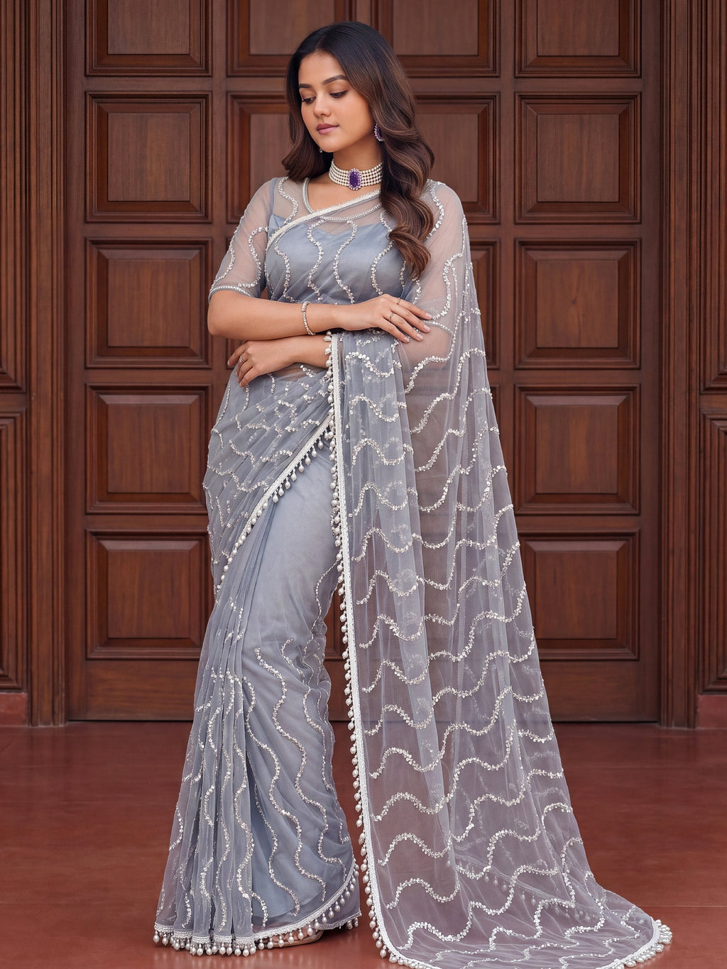 Grey Net Saree with Magnetic Sequins for Engagement, Evening & Party