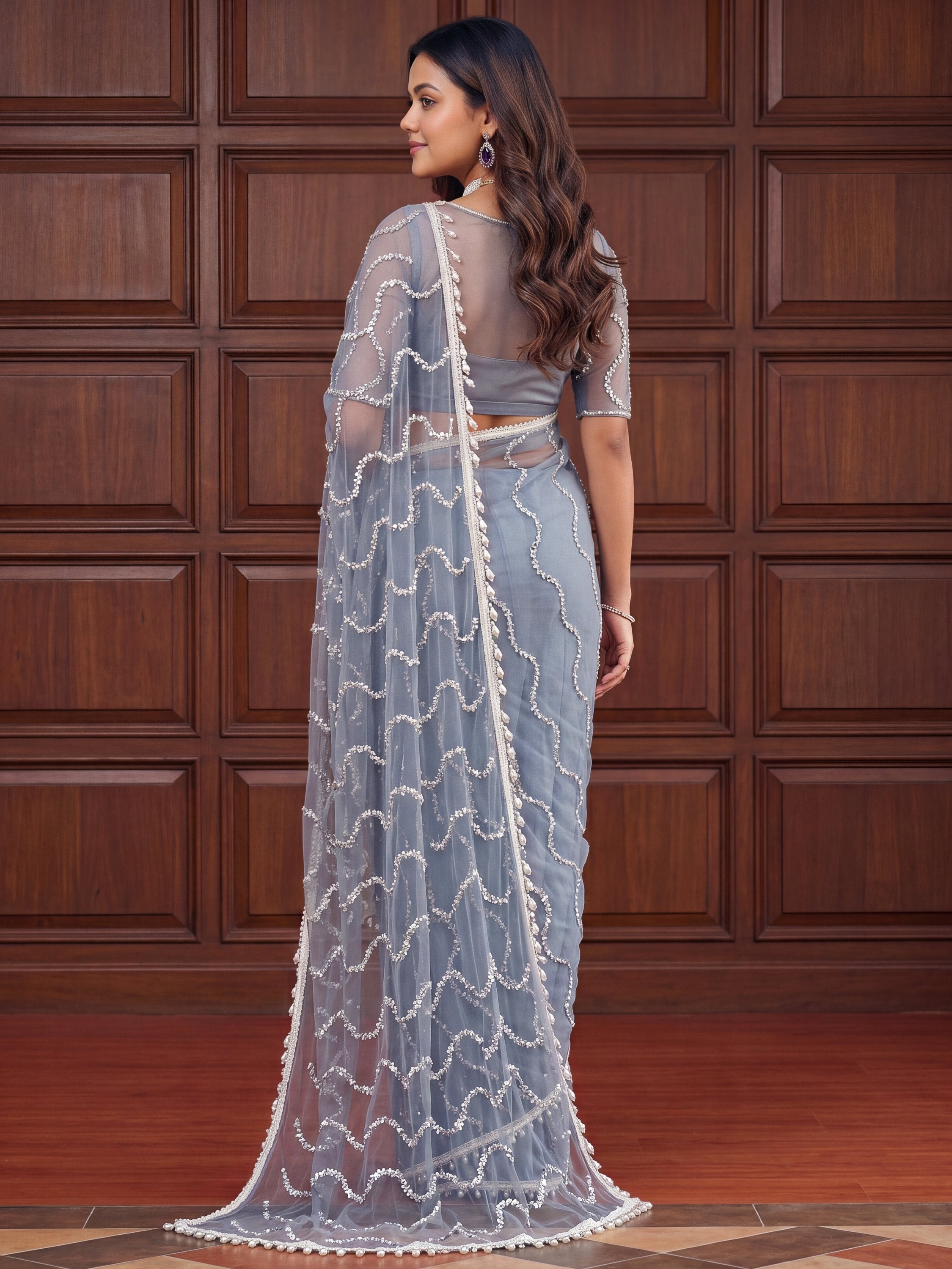 Grey Net Saree with Magnetic Sequins for Engagement, Evening & Party