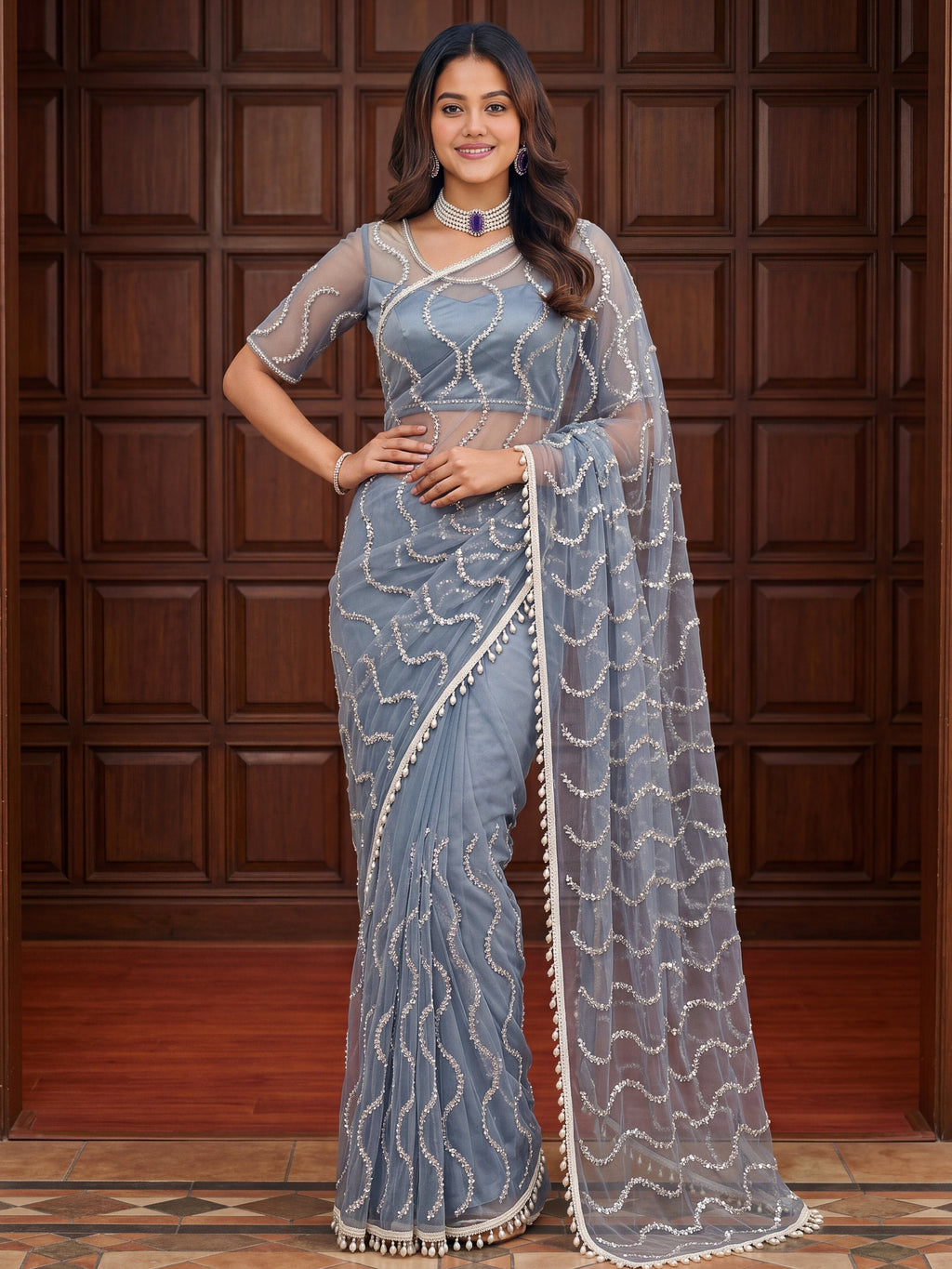 Grey Net Saree with Magnetic Sequins for Engagement, Evening & Party