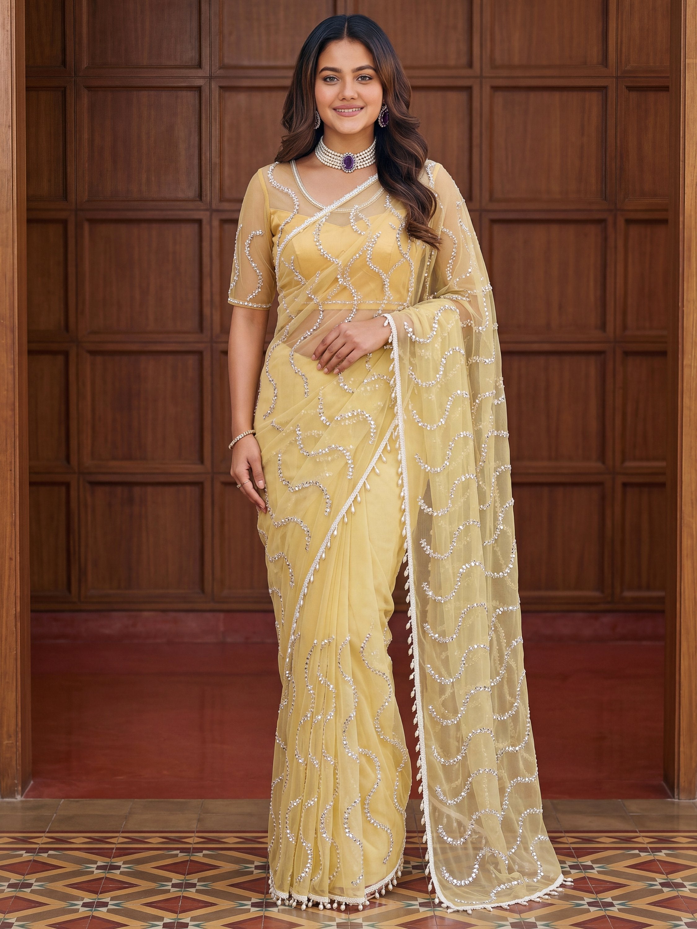 Yellow Net Saree with Magnetic Sequins for Engagement, Evening & Party