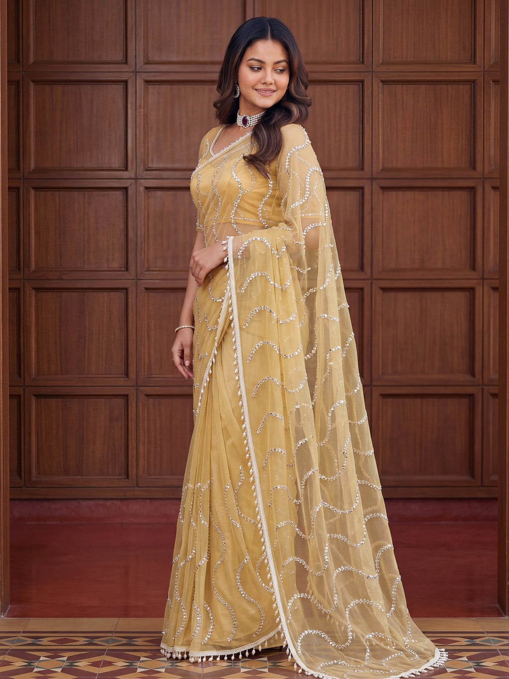 Yellow Net Saree with Magnetic Sequins for Engagement, Evening & Party