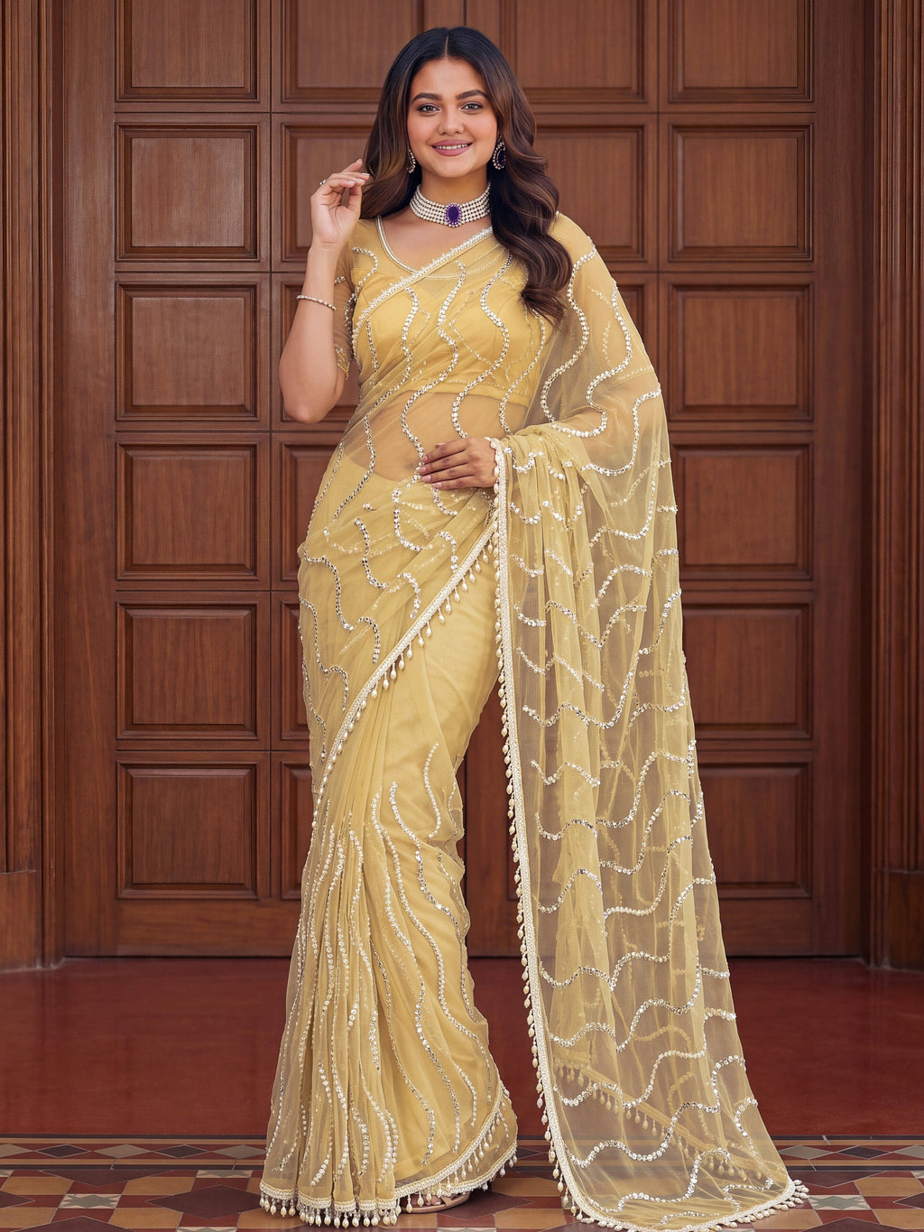 Yellow Net Saree with Magnetic Sequins for Engagement, Evening & Party