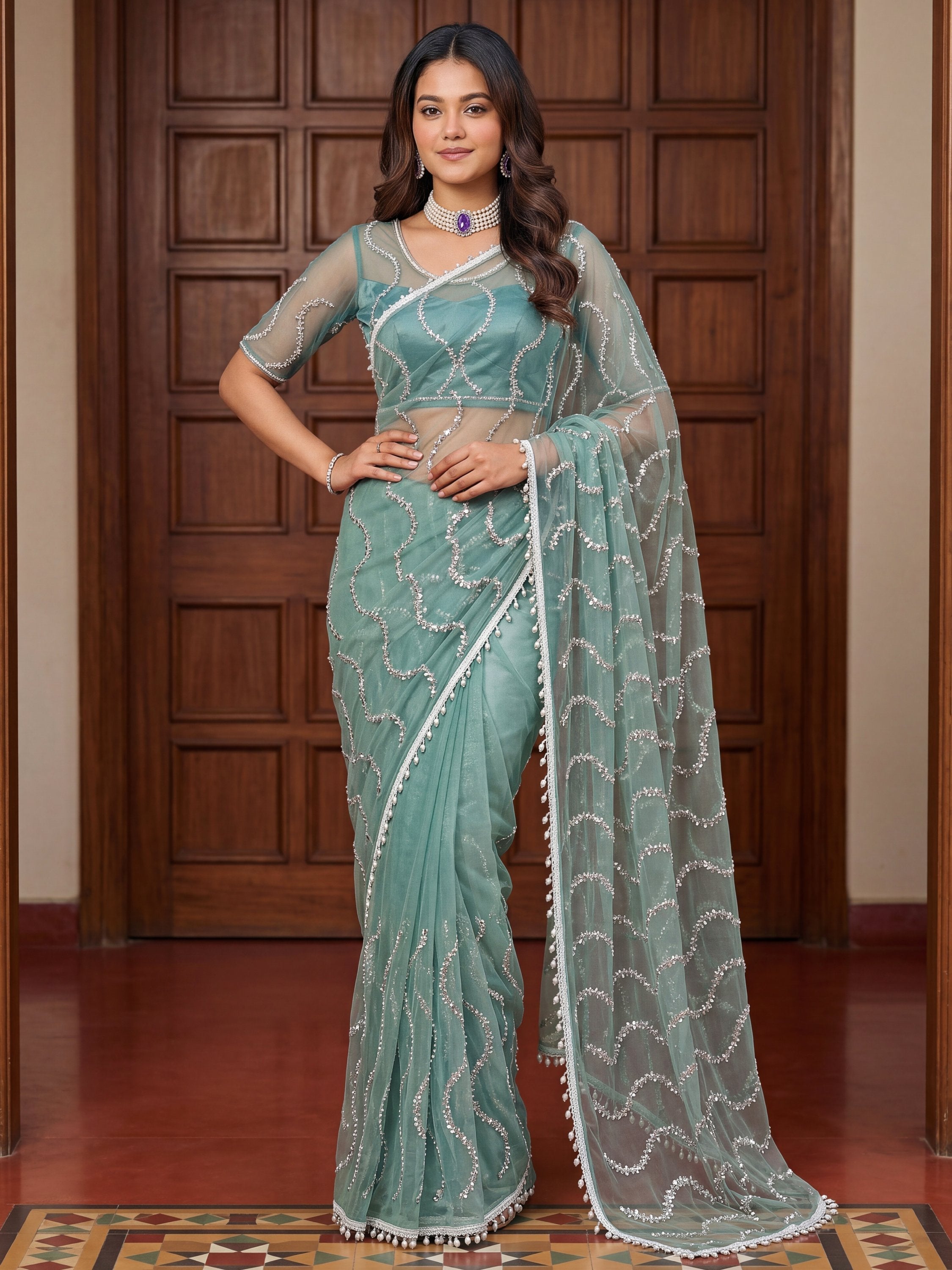 Sky Blue Net Saree with Magnetic Sequins for Engagement, Evening & Party