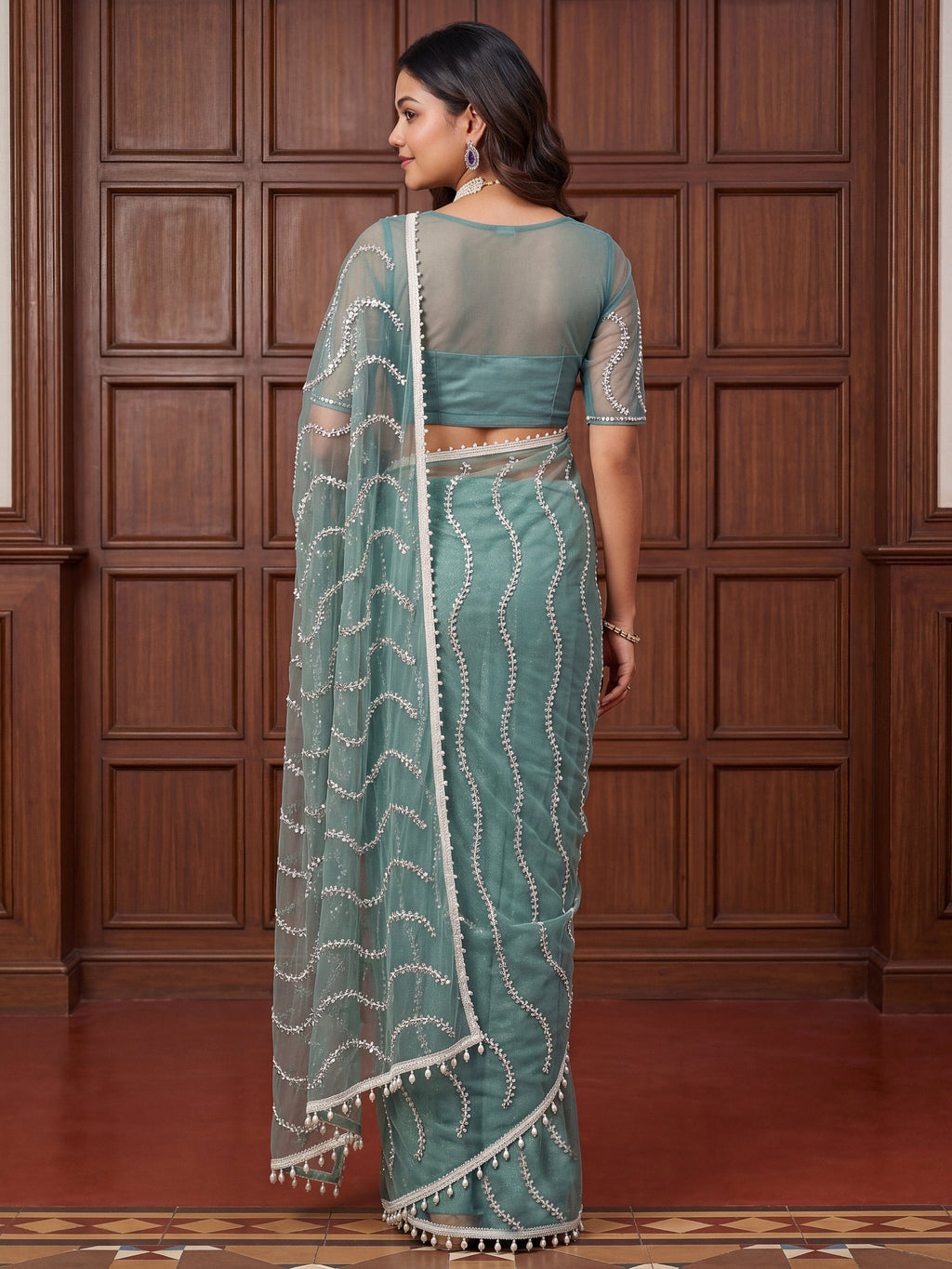 Sky Blue Net Saree with Magnetic Sequins for Engagement, Evening & Party