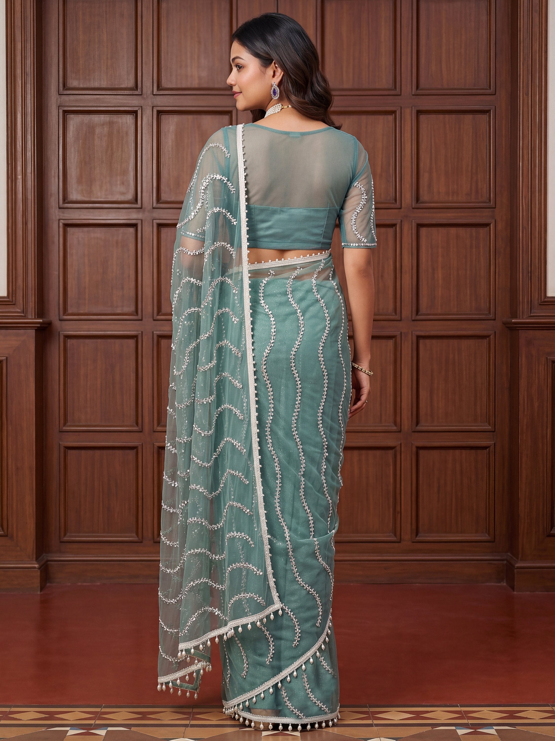 Sky Blue Net Saree with Magnetic Sequins for Engagement, Evening & Party