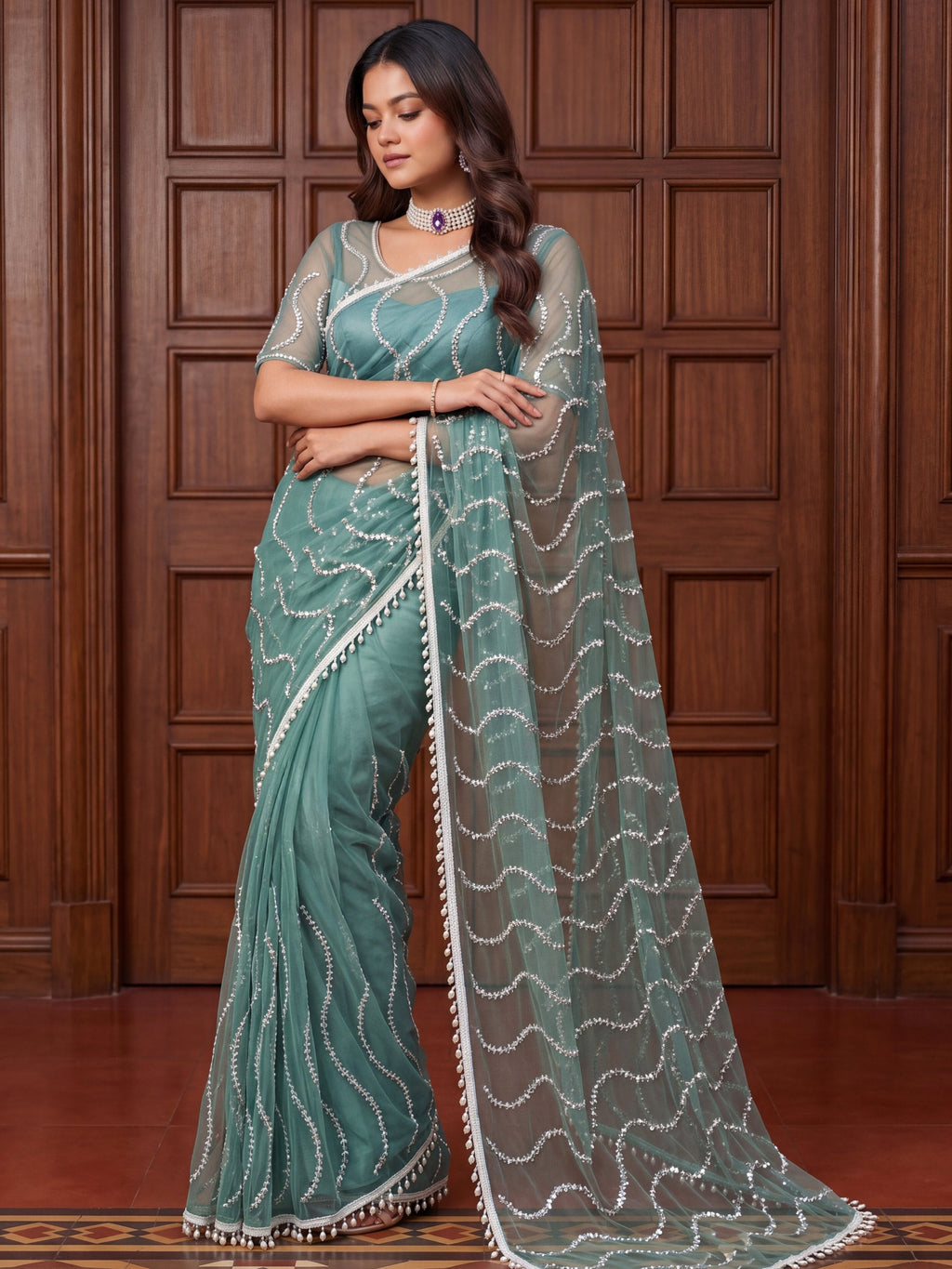 Sky Blue Net Saree with Magnetic Sequins for Engagement, Evening & Party