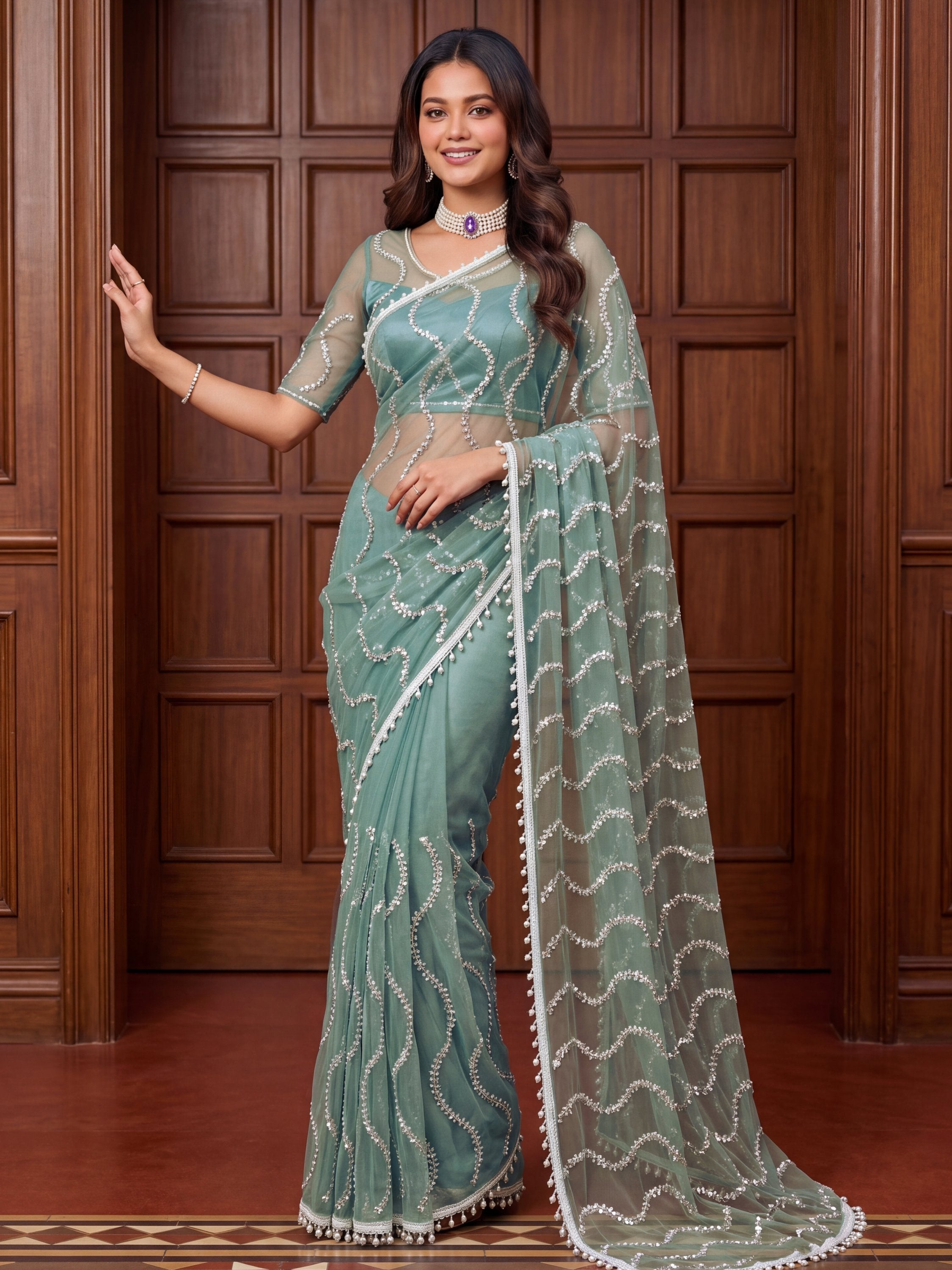 Sky Blue Net Saree with Magnetic Sequins for Engagement, Evening & Party