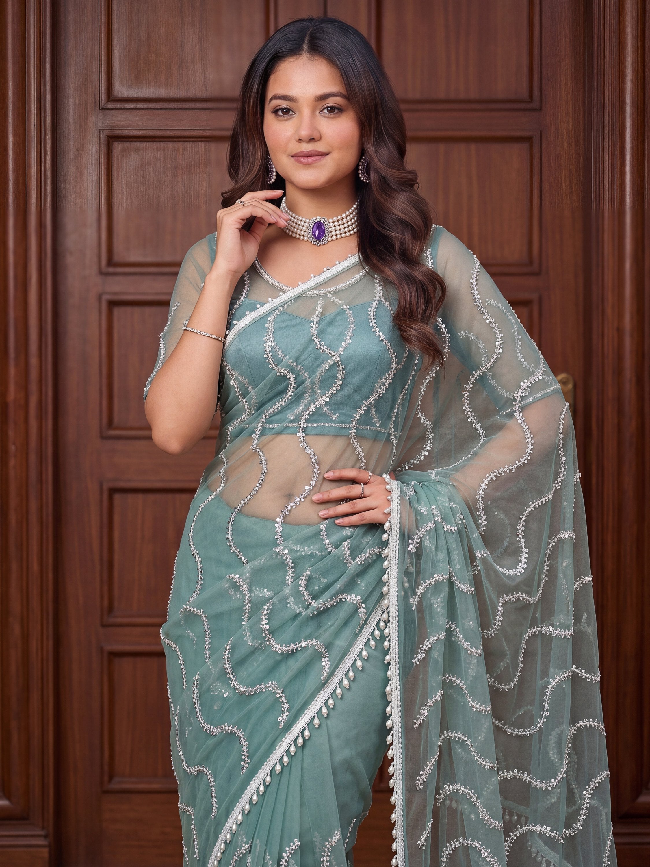 Sky Blue Net Saree with Magnetic Sequins for Engagement, Evening & Party