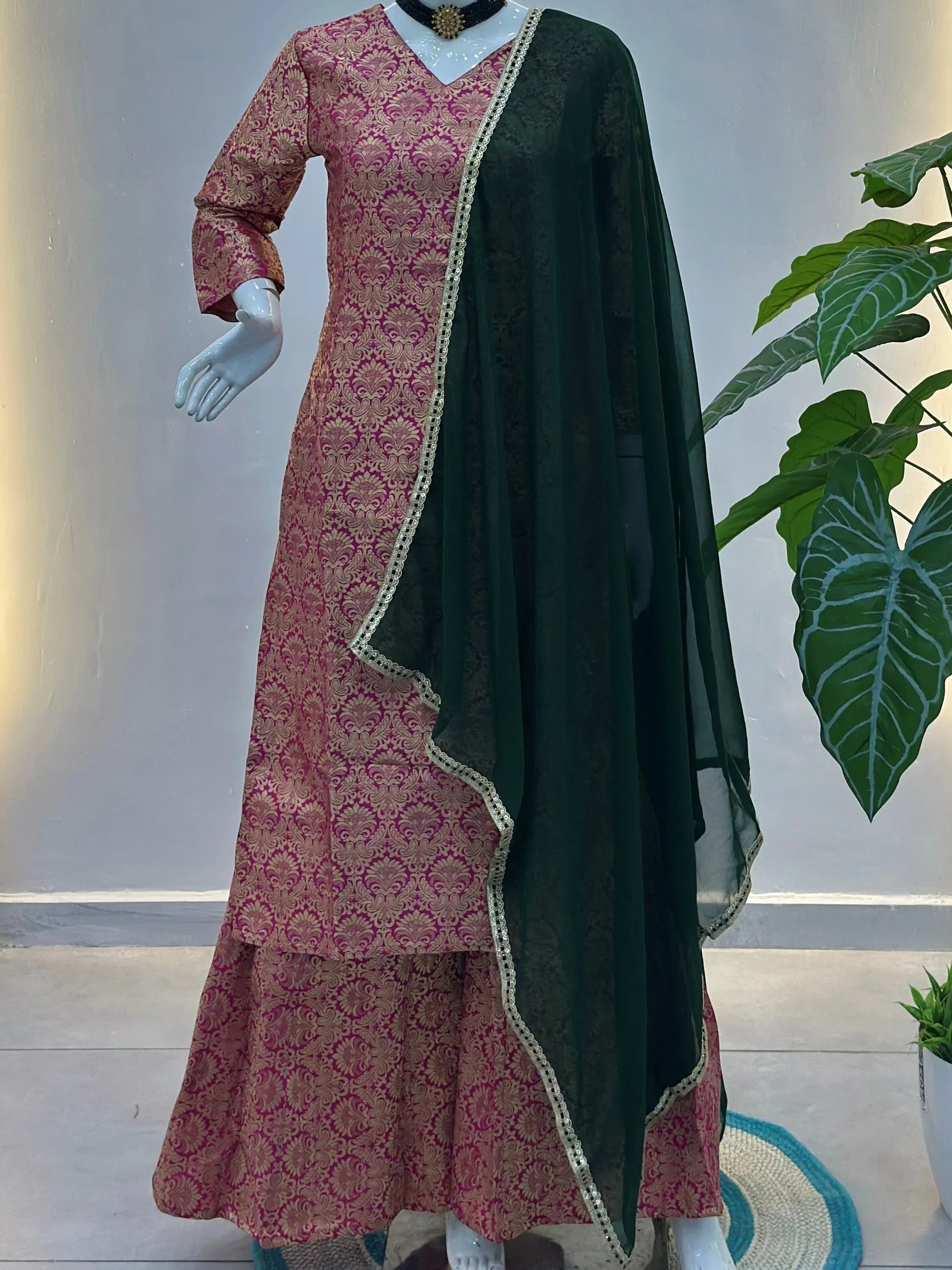 Pink Captivating Zari Weaving Jacquard Festive Wear Palazzo Suit