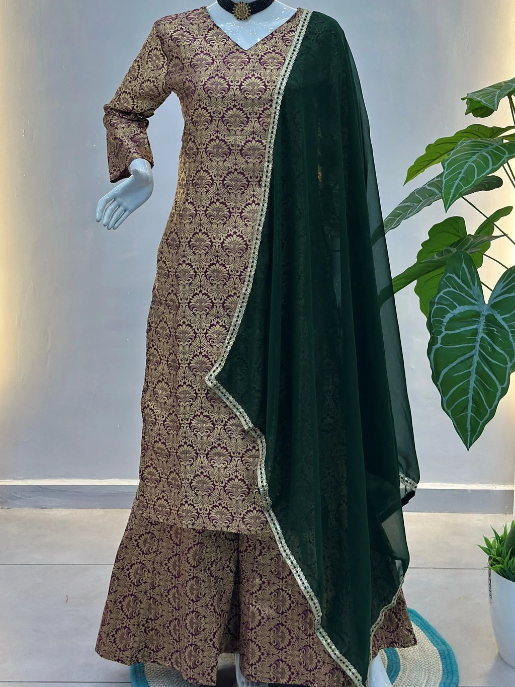 Purple Captivating Zari Weaving Jacquard Festive Wear Palazzo Suit