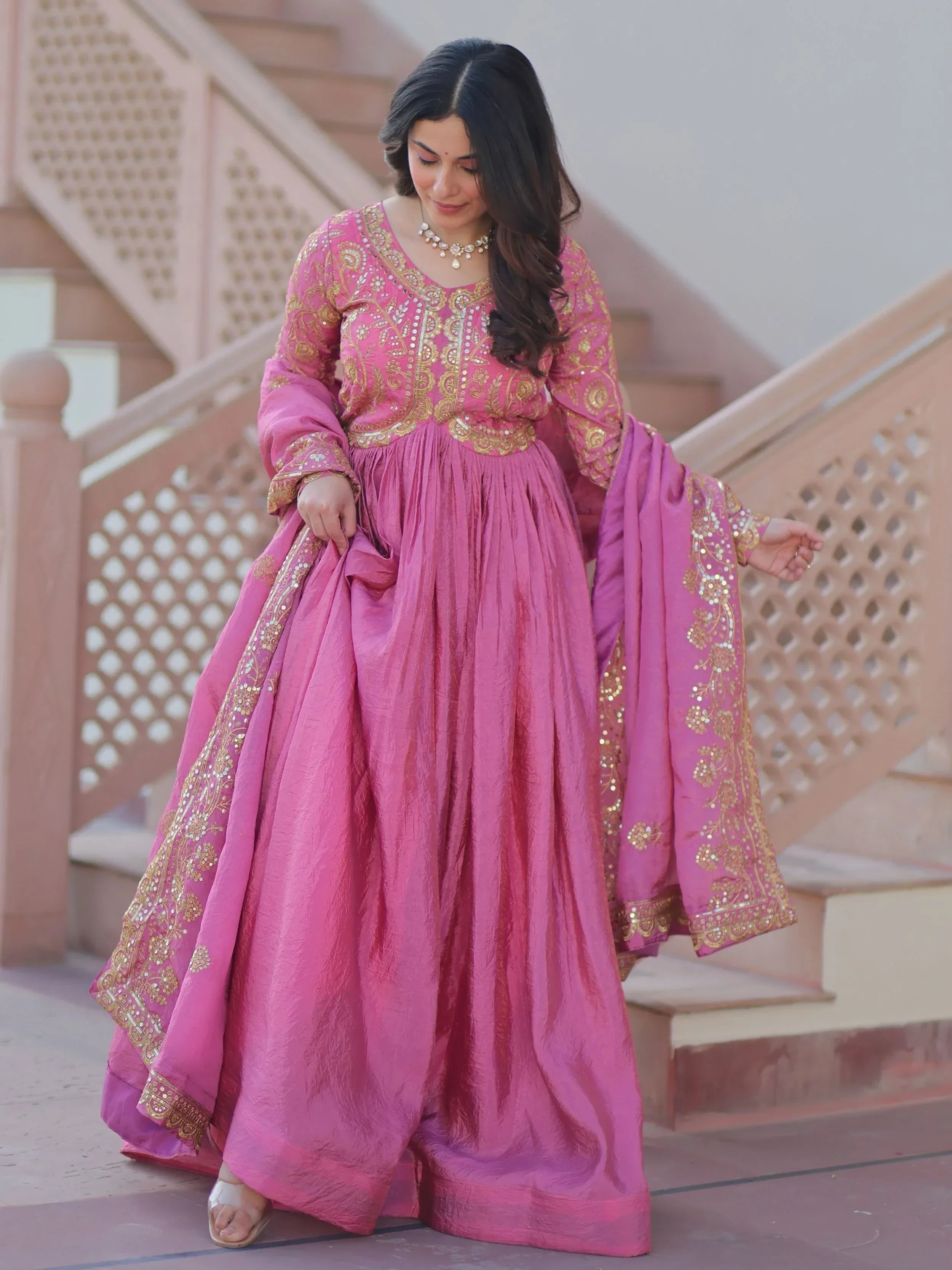 Pink Mesmerizing Organza Sequins Wedding Wear Gown With Dupatta
