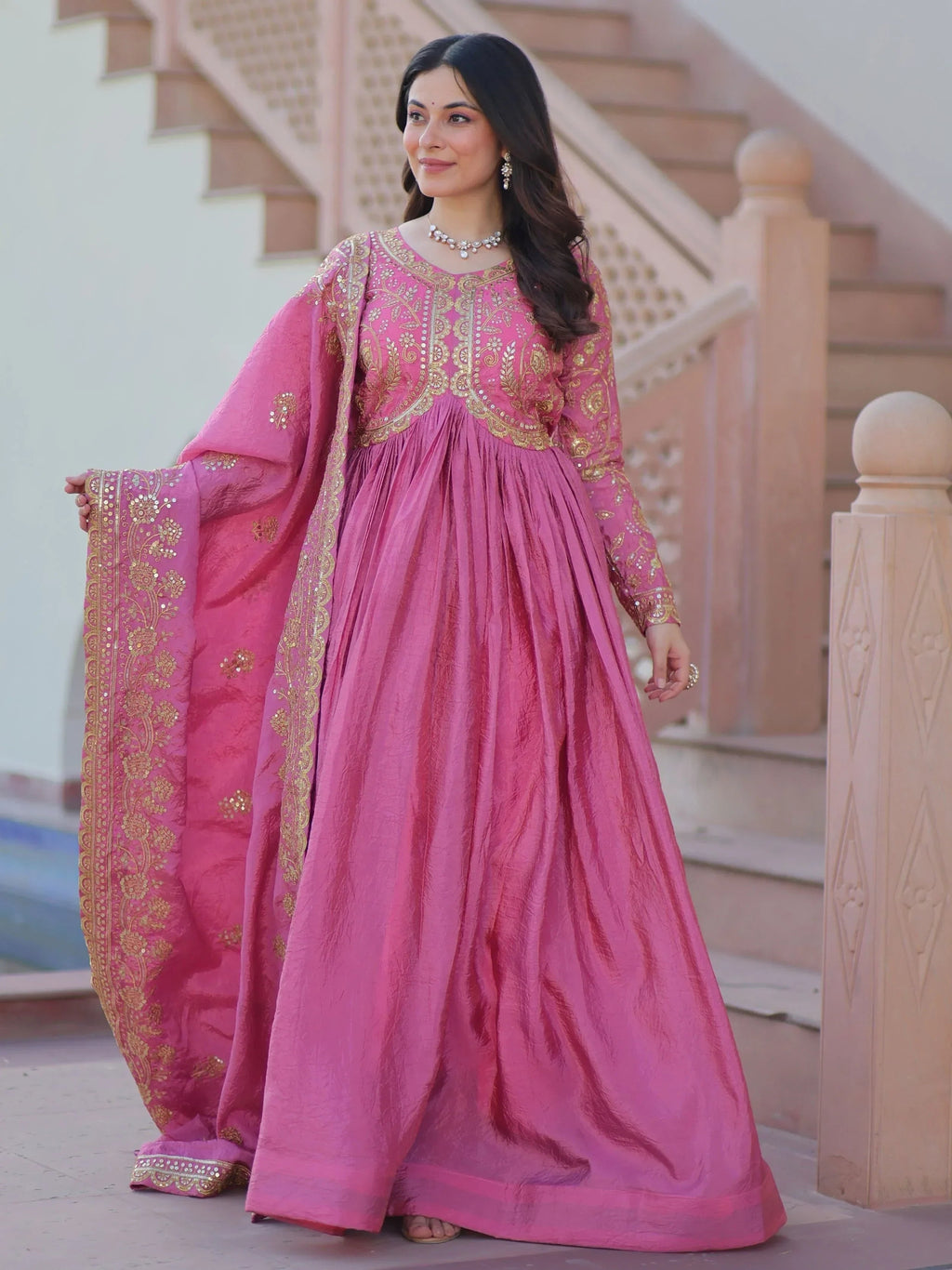 Pink Mesmerizing Organza Sequins Wedding Wear Gown With Dupatta