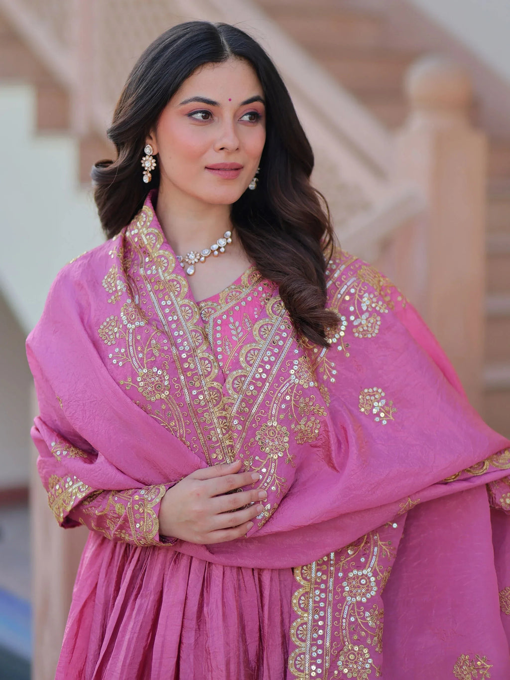 Pink Mesmerizing Organza Sequins Wedding Wear Gown With Dupatta