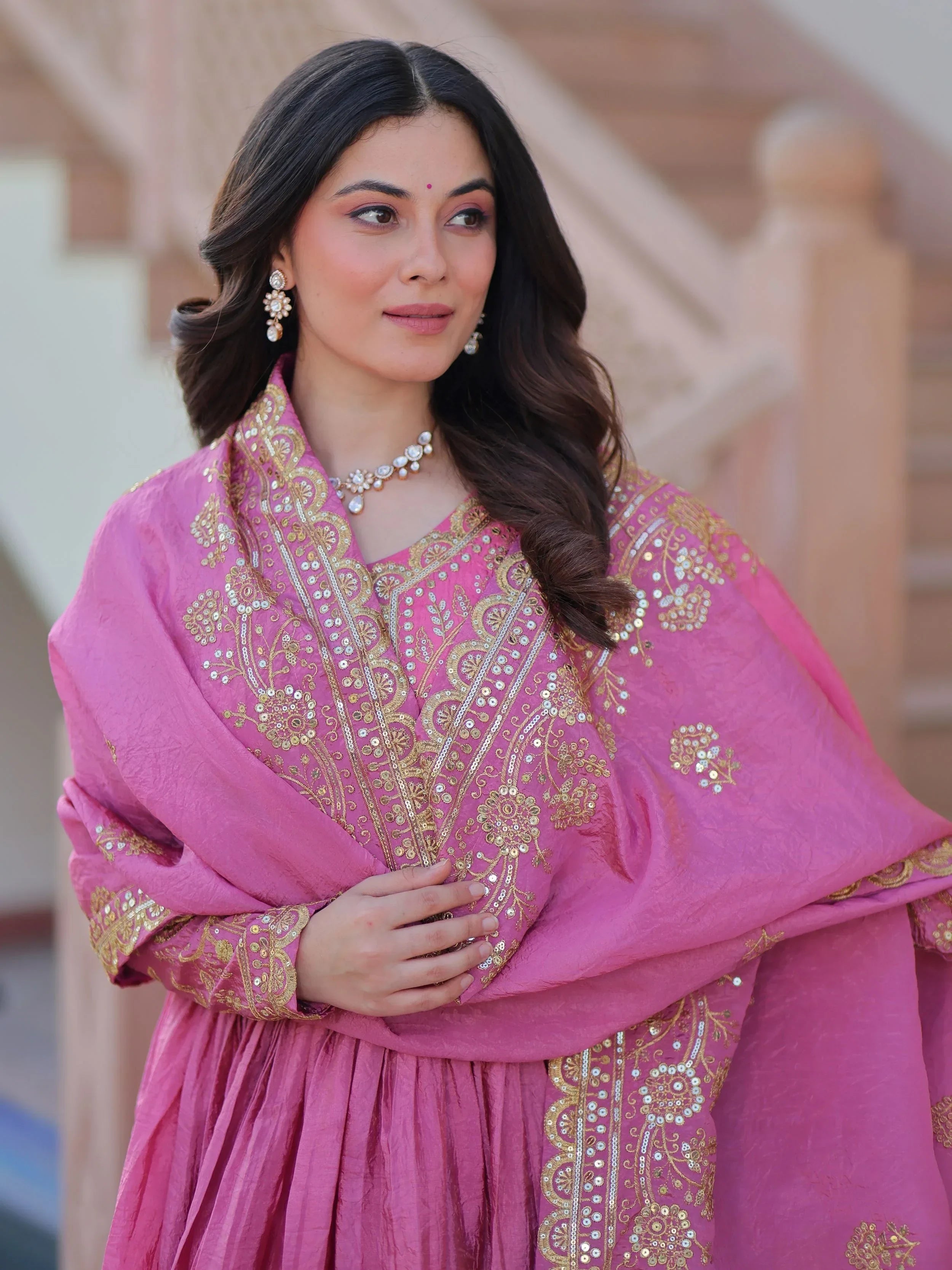 Pink Mesmerizing Organza Sequins Wedding Wear Gown With Dupatta