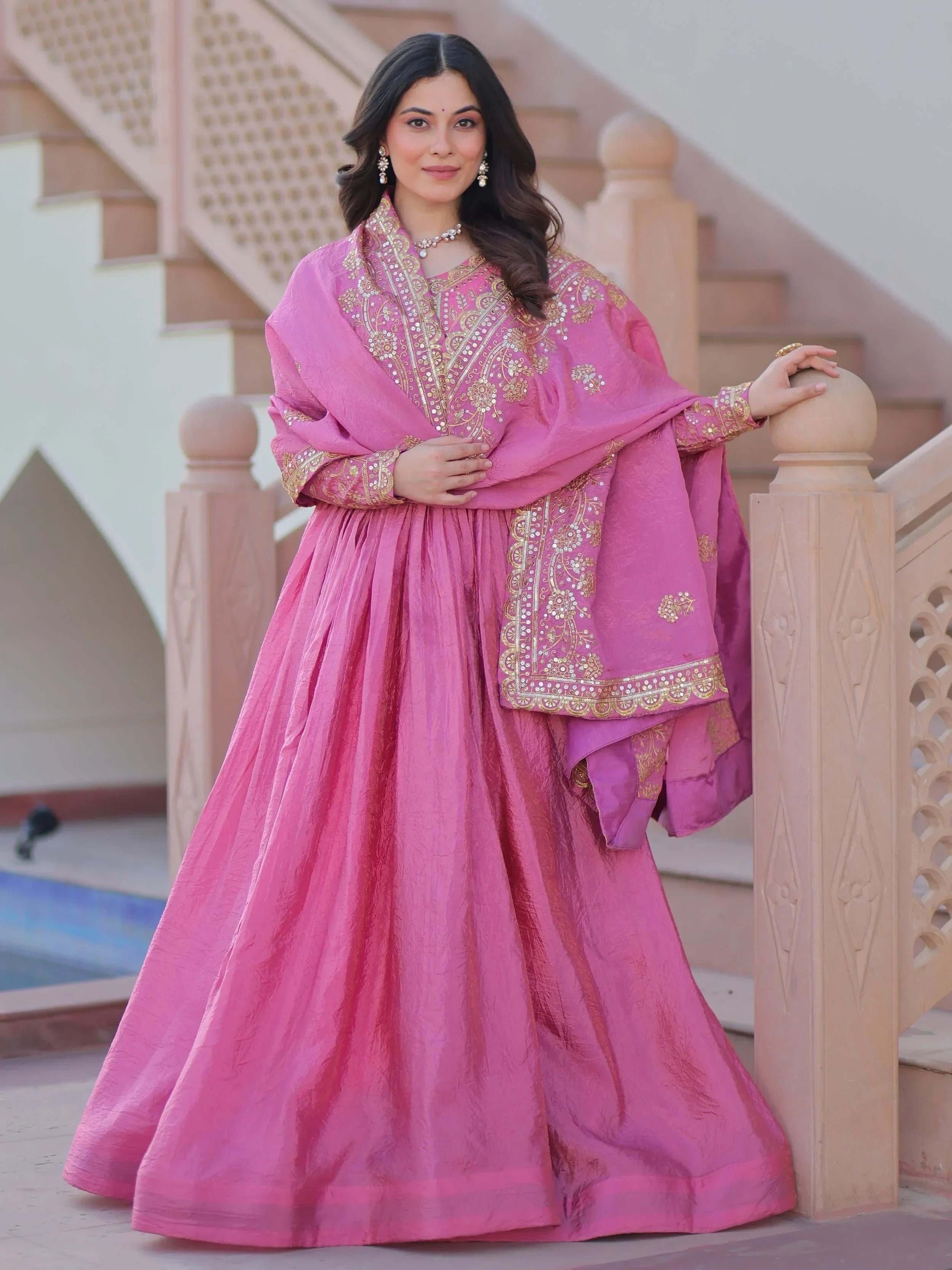 Pink Mesmerizing Organza Sequins Wedding Wear Gown With Dupatta