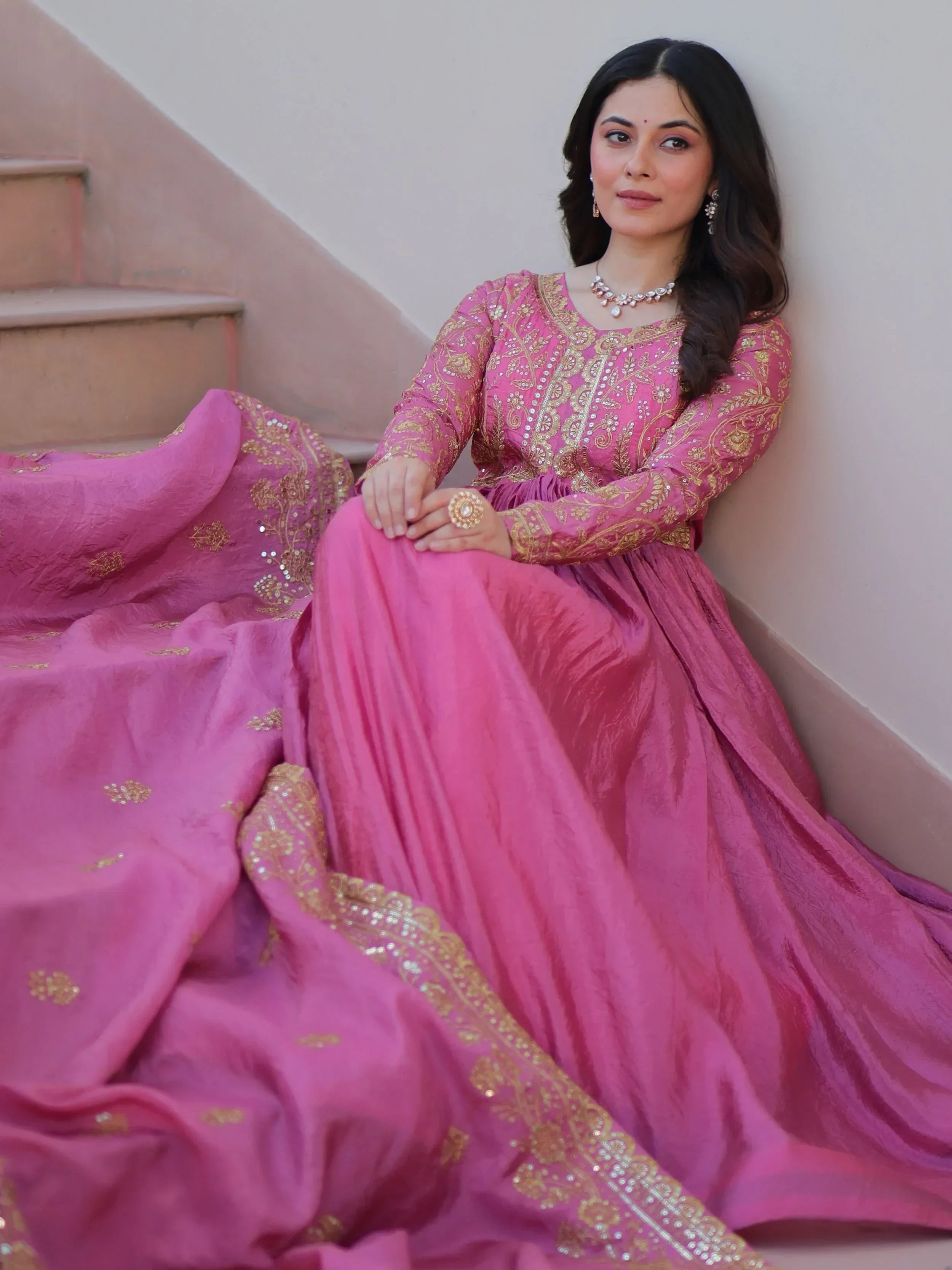 Pink Mesmerizing Organza Sequins Wedding Wear Gown With Dupatta