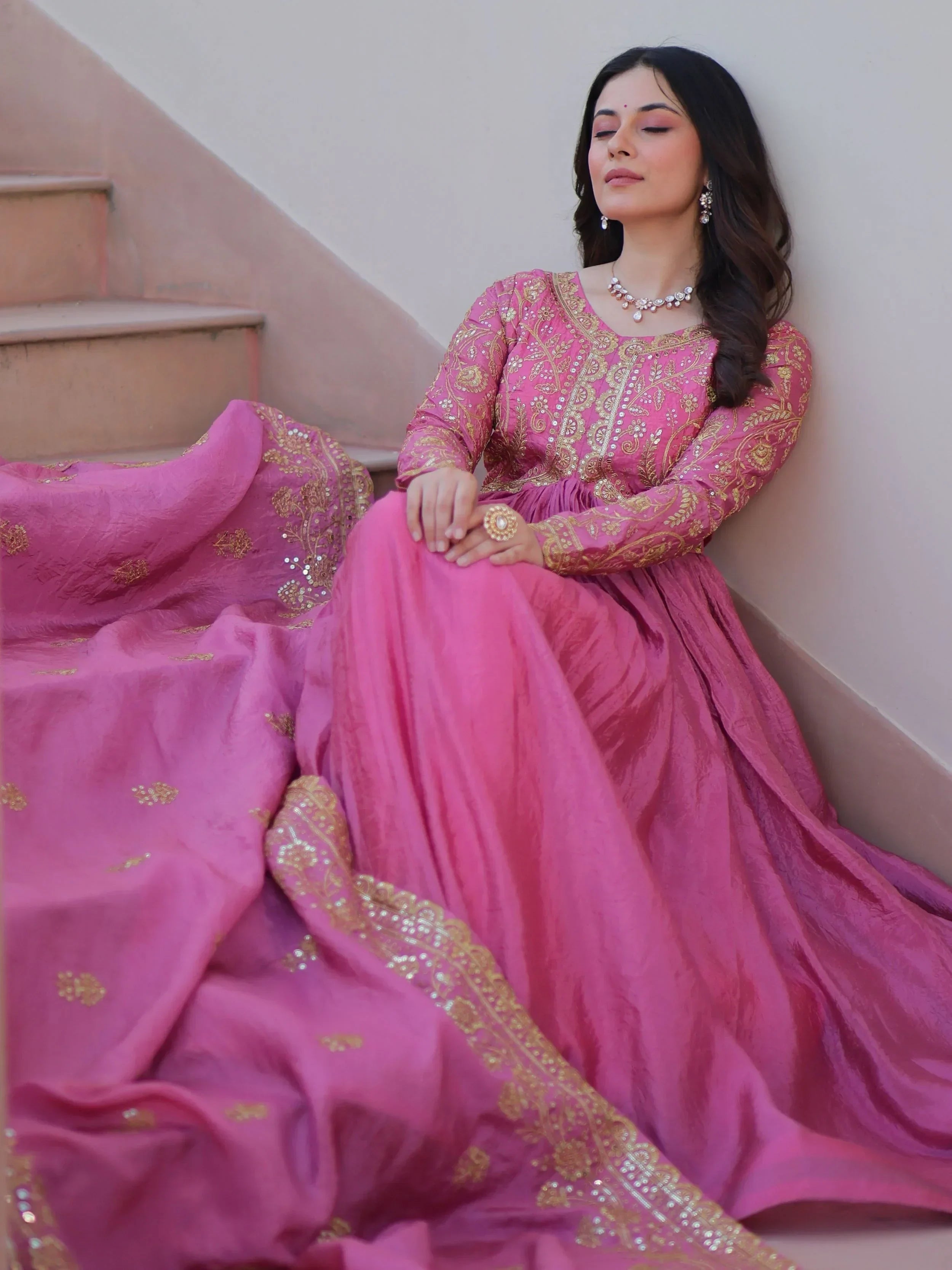 Pink Mesmerizing Organza Sequins Wedding Wear Gown With Dupatta