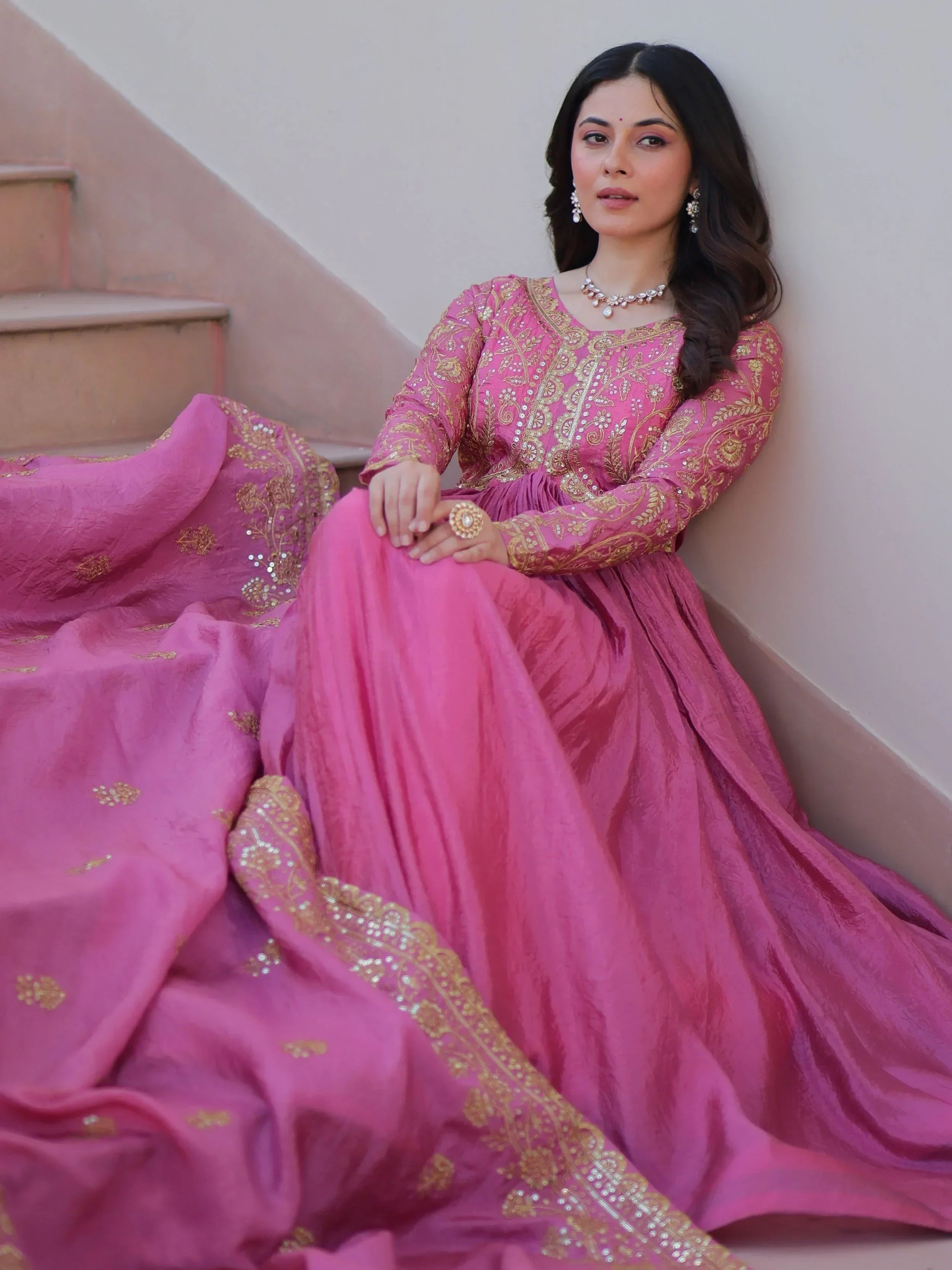 Pink Mesmerizing Organza Sequins Wedding Wear Gown With Dupatta
