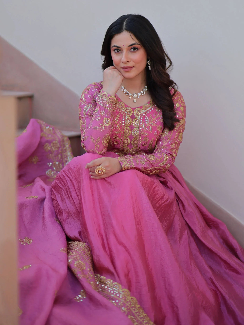 Pink Mesmerizing Organza Sequins Wedding Wear Gown With Dupatta