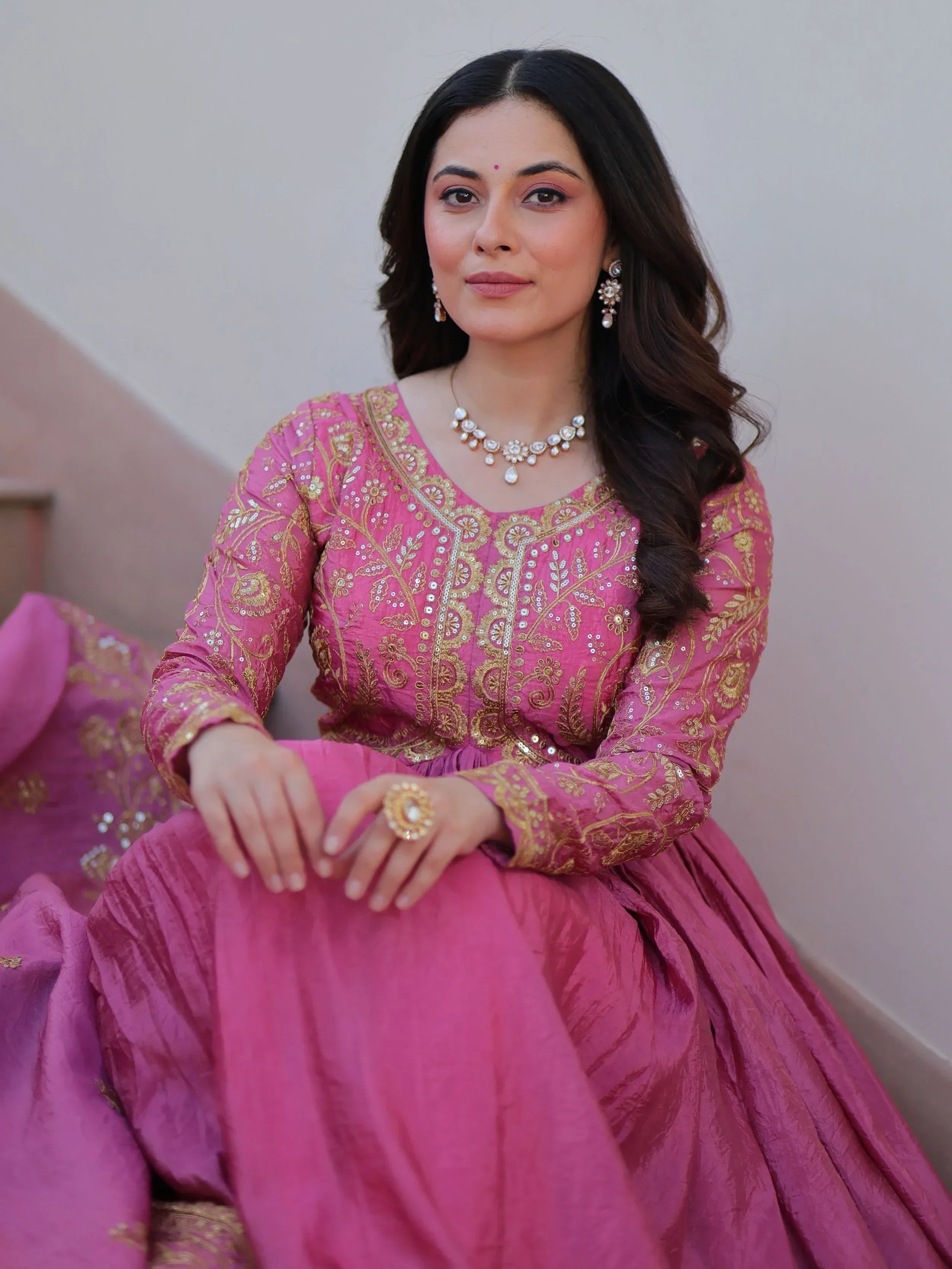 Pink Mesmerizing Organza Sequins Wedding Wear Gown With Dupatta