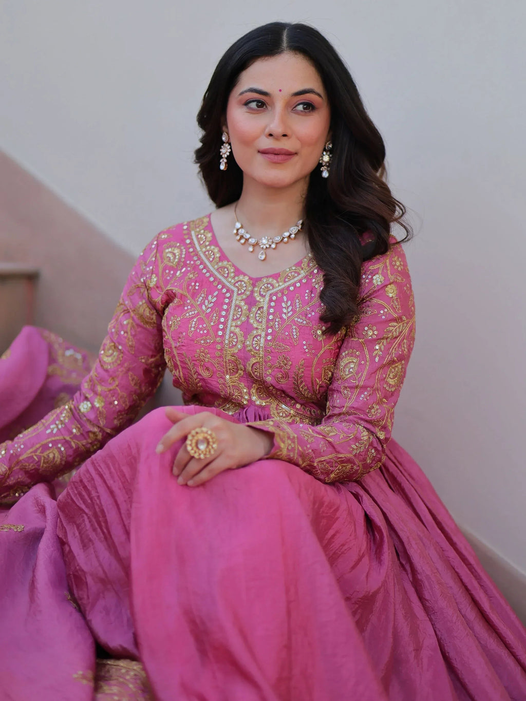 Pink Mesmerizing Organza Sequins Wedding Wear Gown With Dupatta
