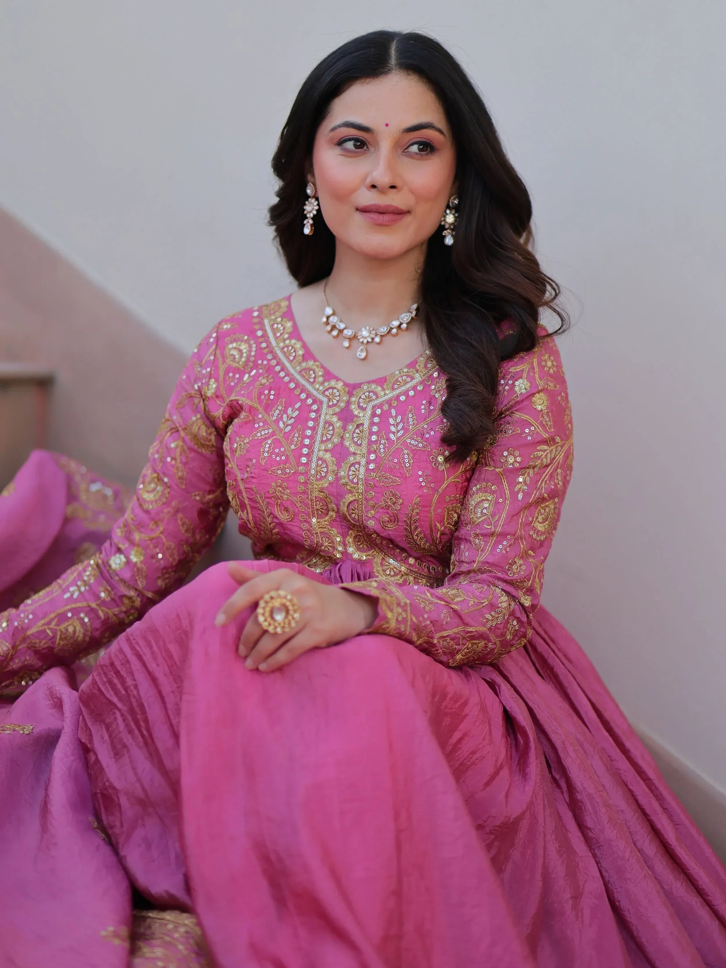 Pink Mesmerizing Organza Sequins Wedding Wear Gown With Dupatta