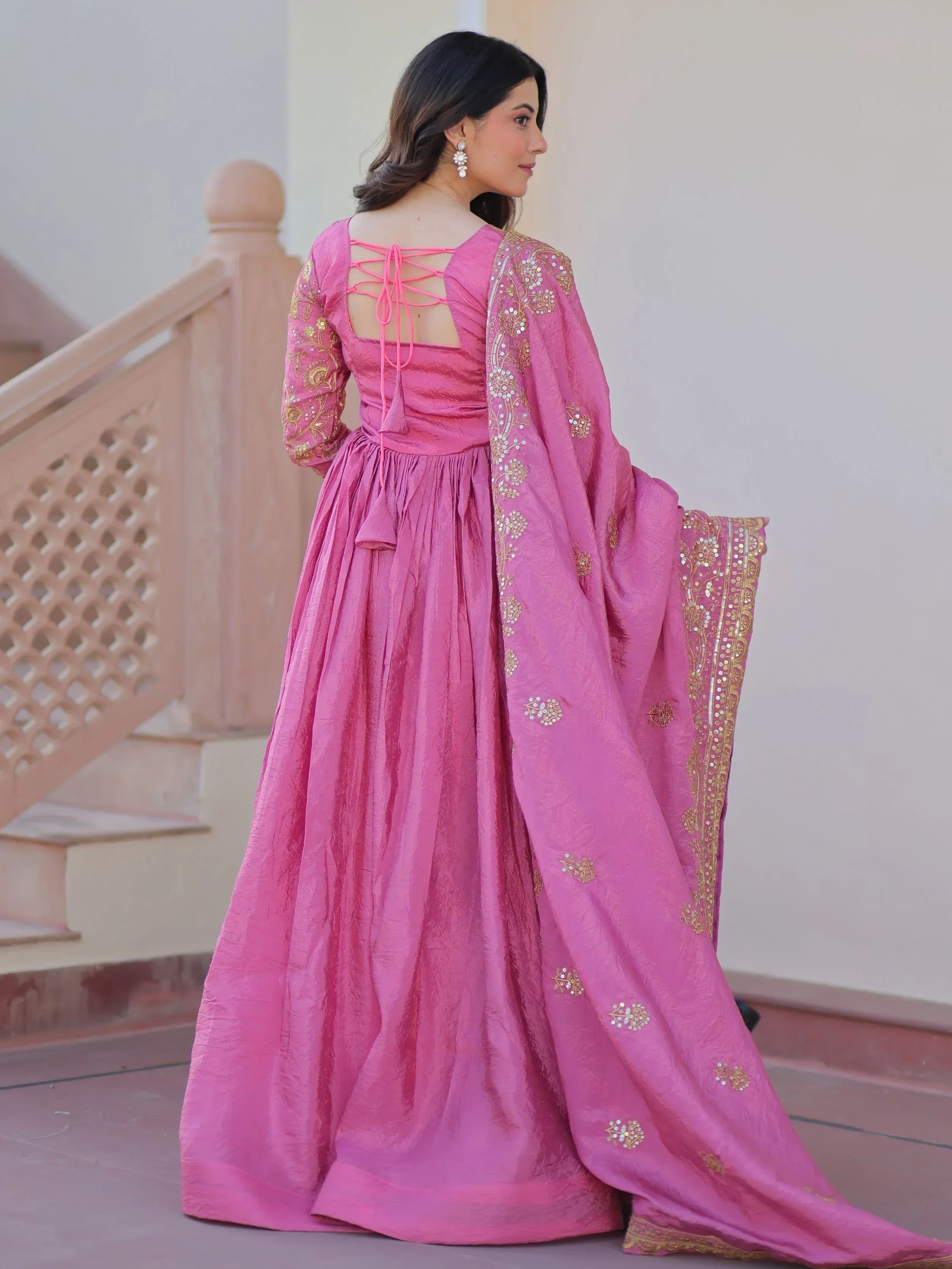 Pink Mesmerizing Organza Sequins Wedding Wear Gown With Dupatta