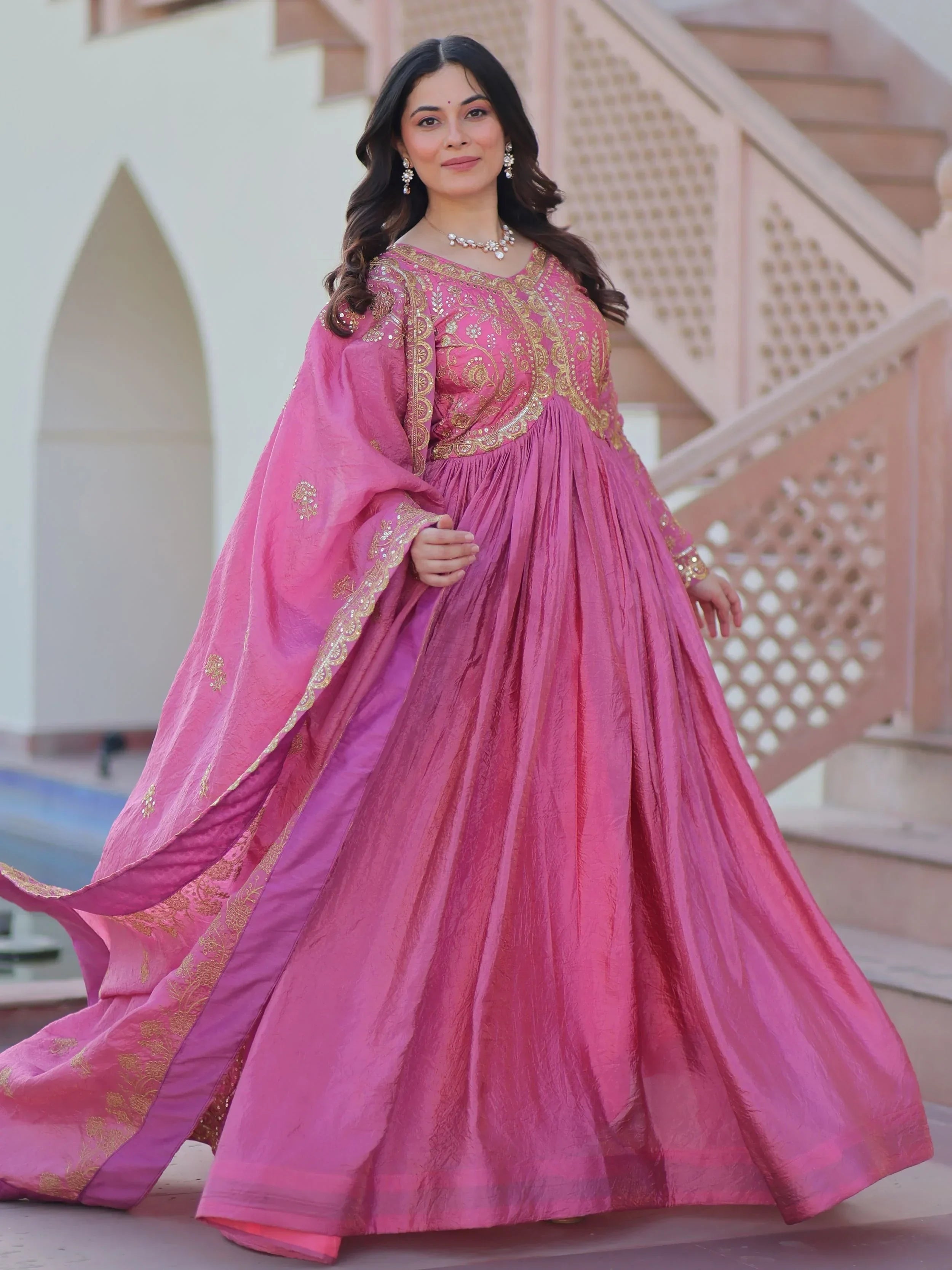 Pink Mesmerizing Organza Sequins Wedding Wear Gown With Dupatta