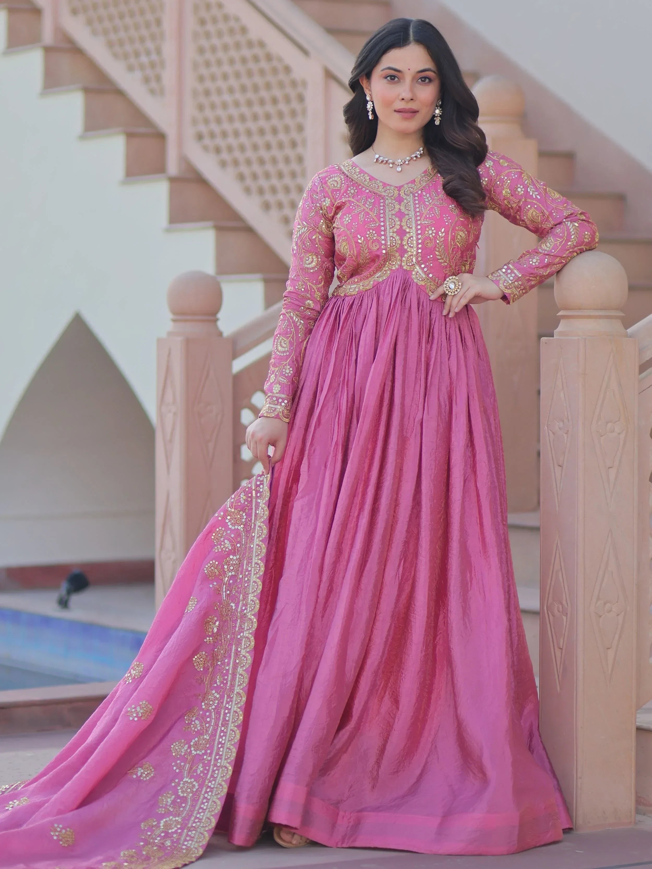Pink Mesmerizing Organza Sequins Wedding Wear Gown With Dupatta