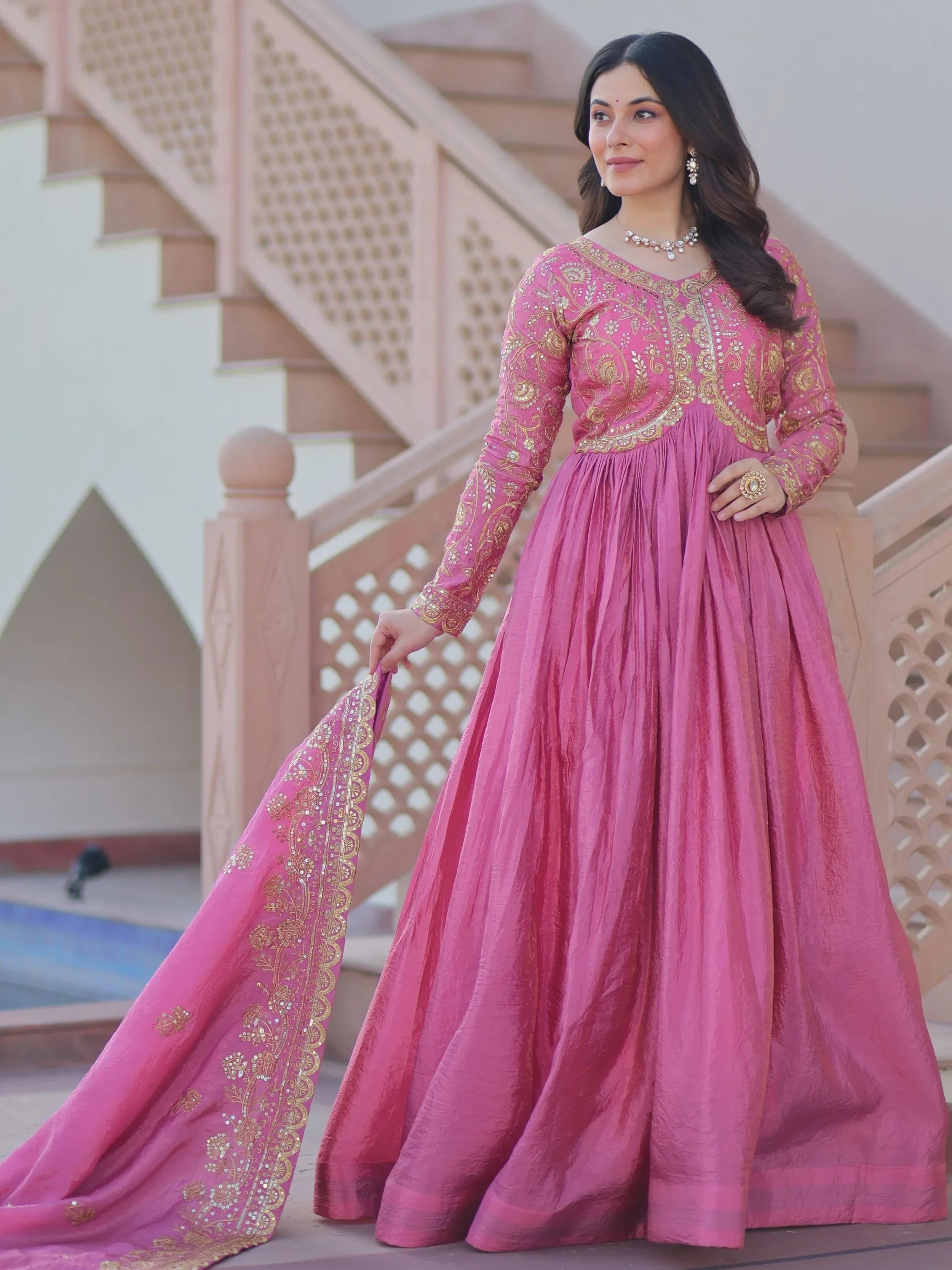Pink Mesmerizing Organza Sequins Wedding Wear Gown With Dupatta