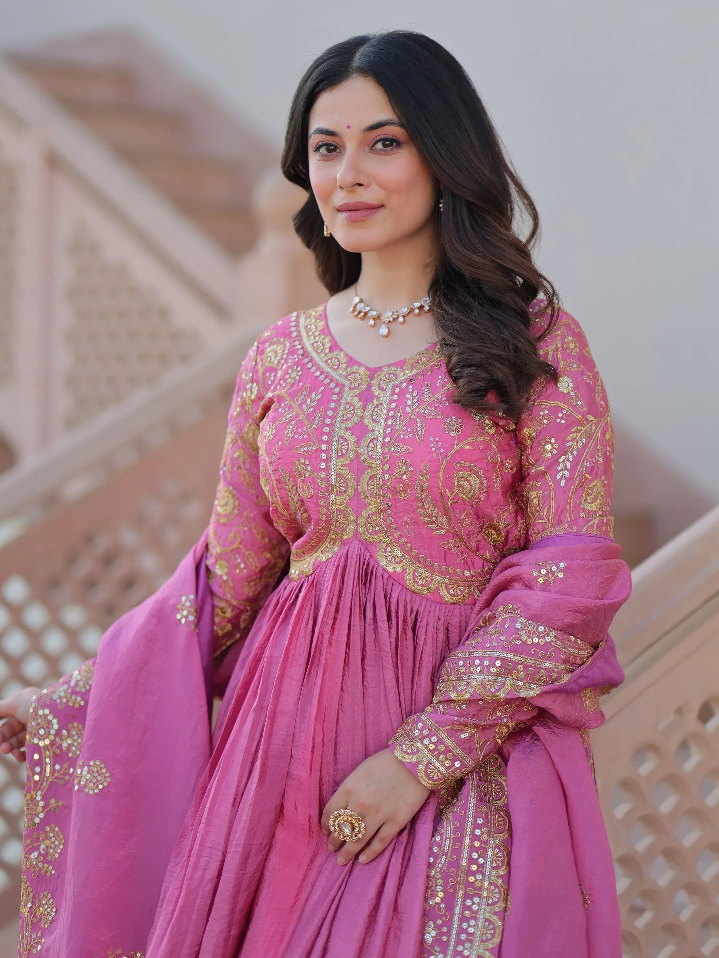 Pink Mesmerizing Organza Sequins Wedding Wear Gown With Dupatta