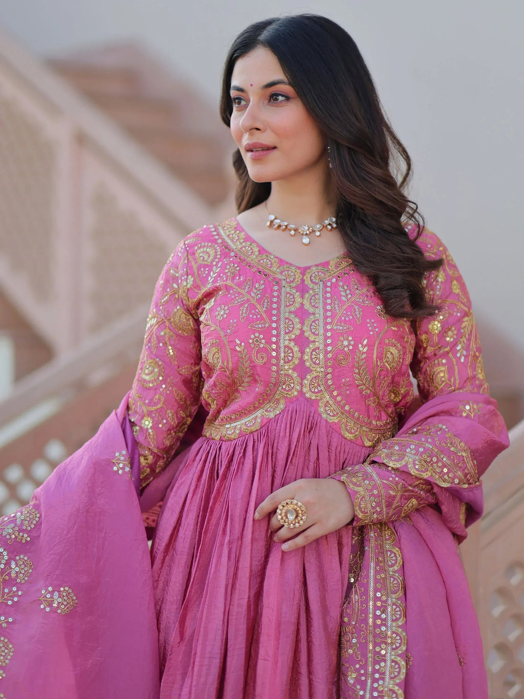Pink Mesmerizing Organza Sequins Wedding Wear Gown With Dupatta