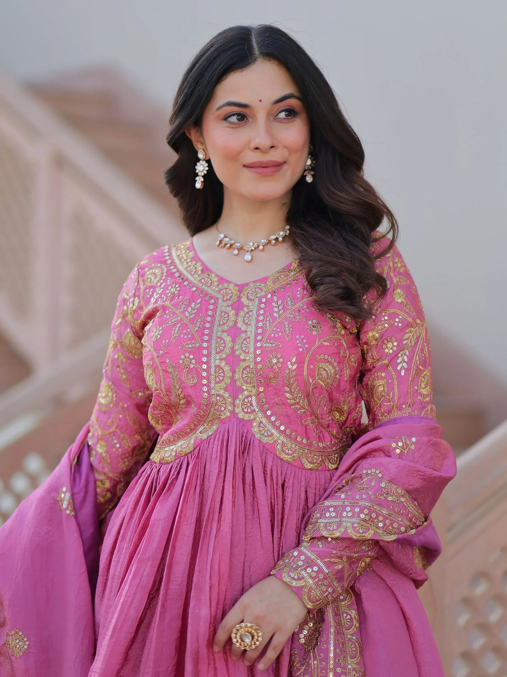 Pink Mesmerizing Organza Sequins Wedding Wear Gown With Dupatta