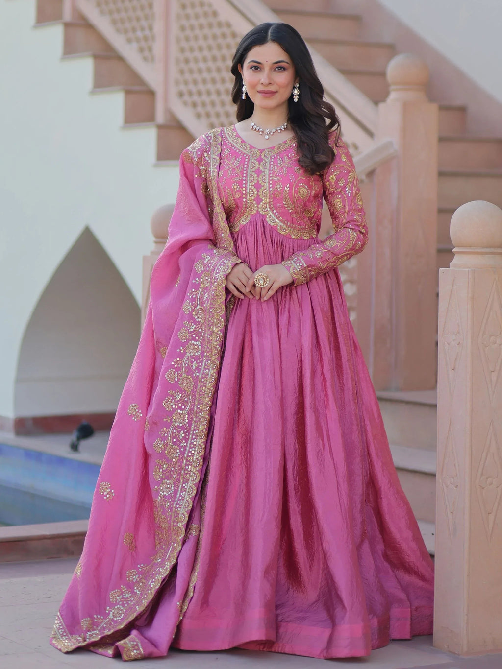 Pink Mesmerizing Organza Sequins Wedding Wear Gown With Dupatta