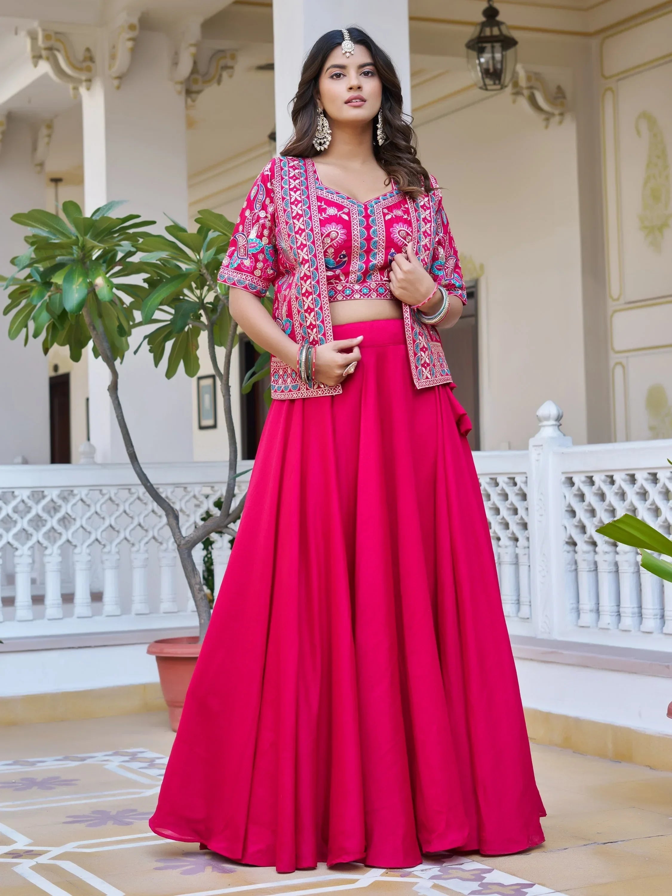 Stylish Pink Embroidered Silk Festive Wear Lehenga Choli With Jacket