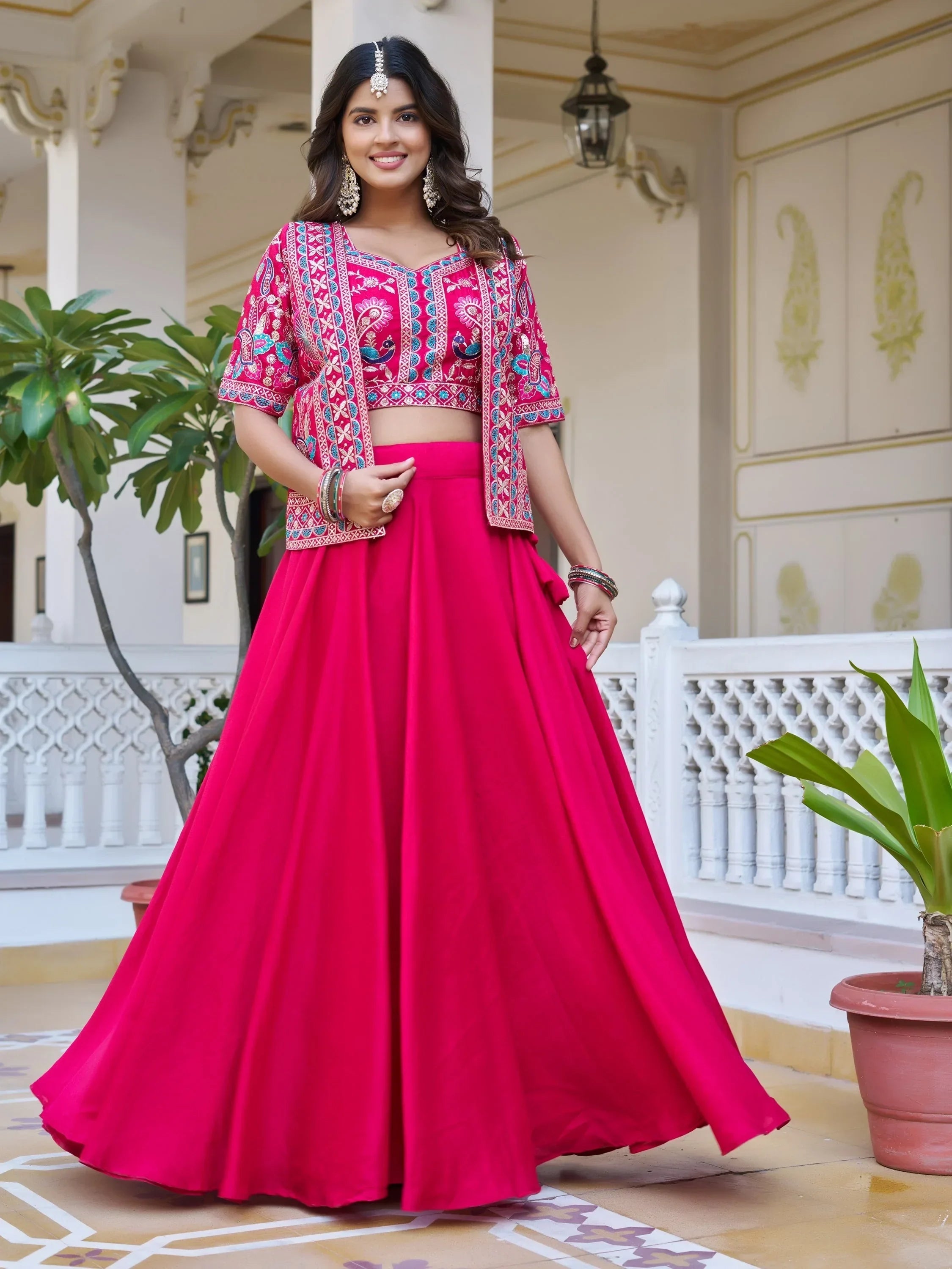Stylish Pink Embroidered Silk Festive Wear Lehenga Choli With Jacket